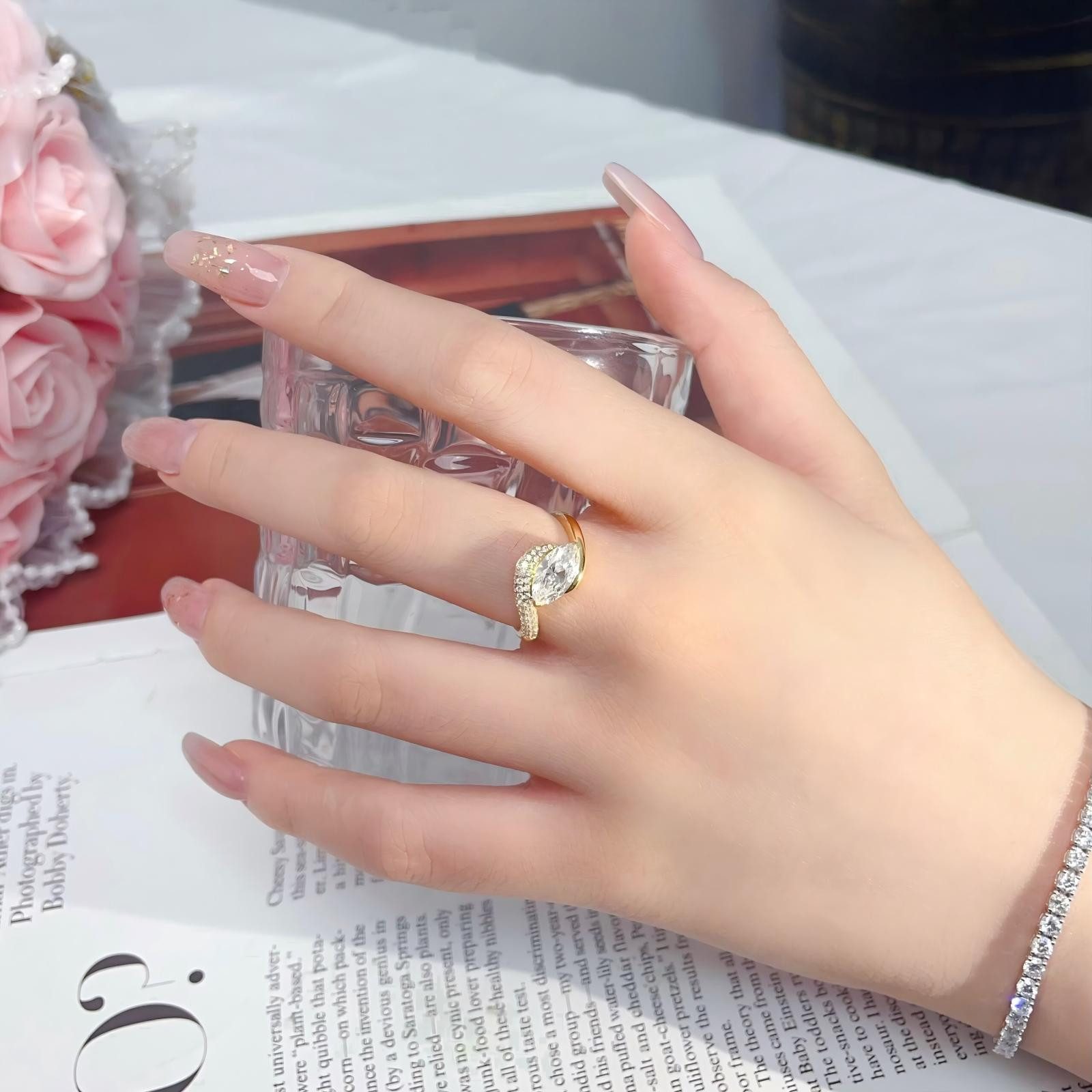 Jumpeak Diamantring 2ct Diamantring mit Marge-Schliff, Damenring aus 585er Gold, Ehering, Diamantring für Damen, Geburtstagsgeschenk, Echtheitszertifikat
