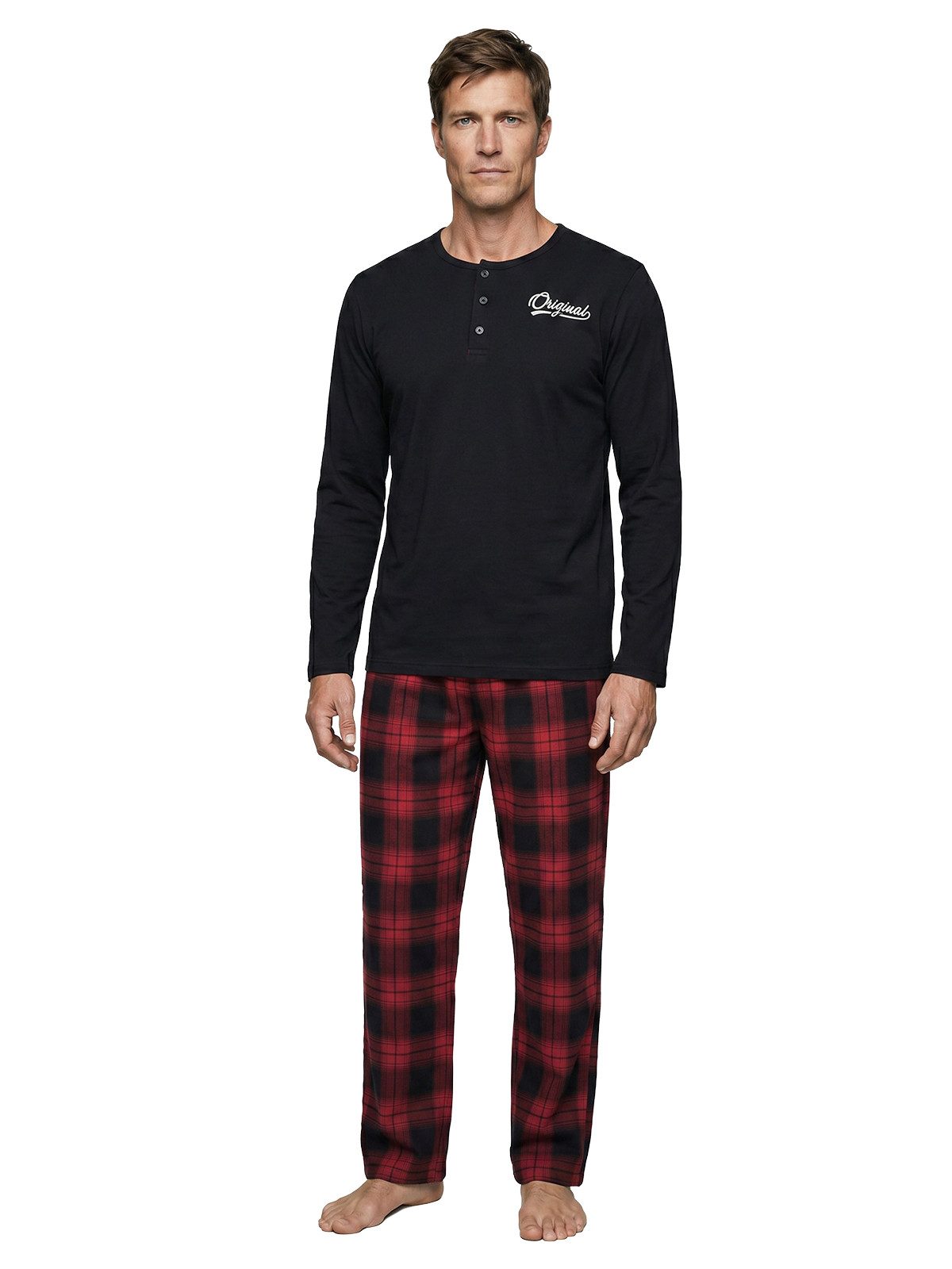 Henry Terre Pyjama Langarm - Karo Hose Shirt Unifarben mit Schriftzug Knopfleiste – Bild 2 von 5
