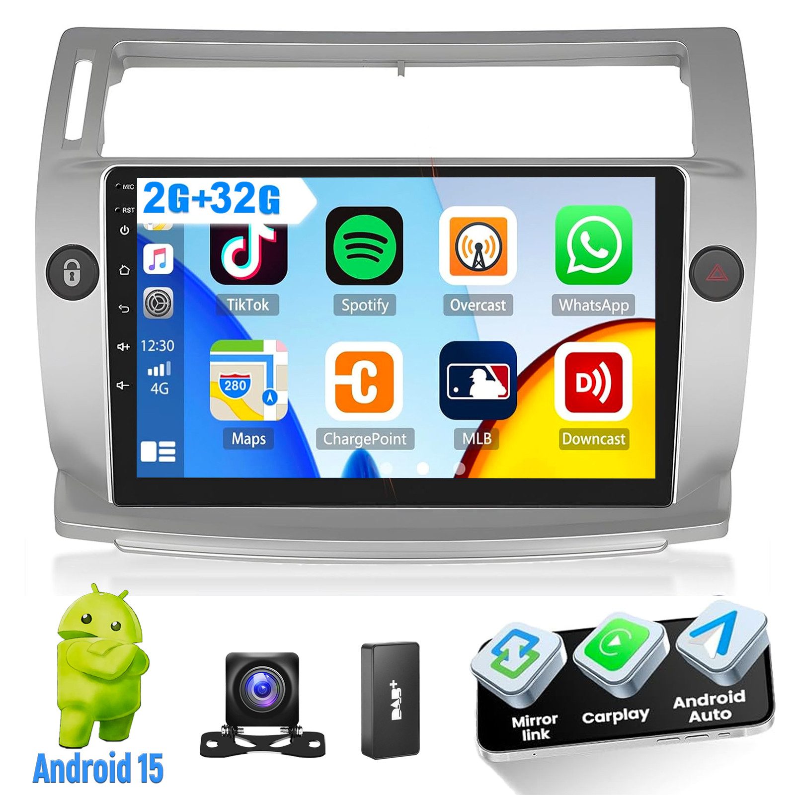 ESSGOO Für Citroen C4 2004-2009/C-QUATRE Android15 Autoradio GPS WIFI Carplay Autoradio (DAB (optional), DAB+ (optional), 4+64GB(optional), RDS, AM, FM, Carplay Android Auto Bluetooth EQ USB GPS Navi WIFI Touchscreen)