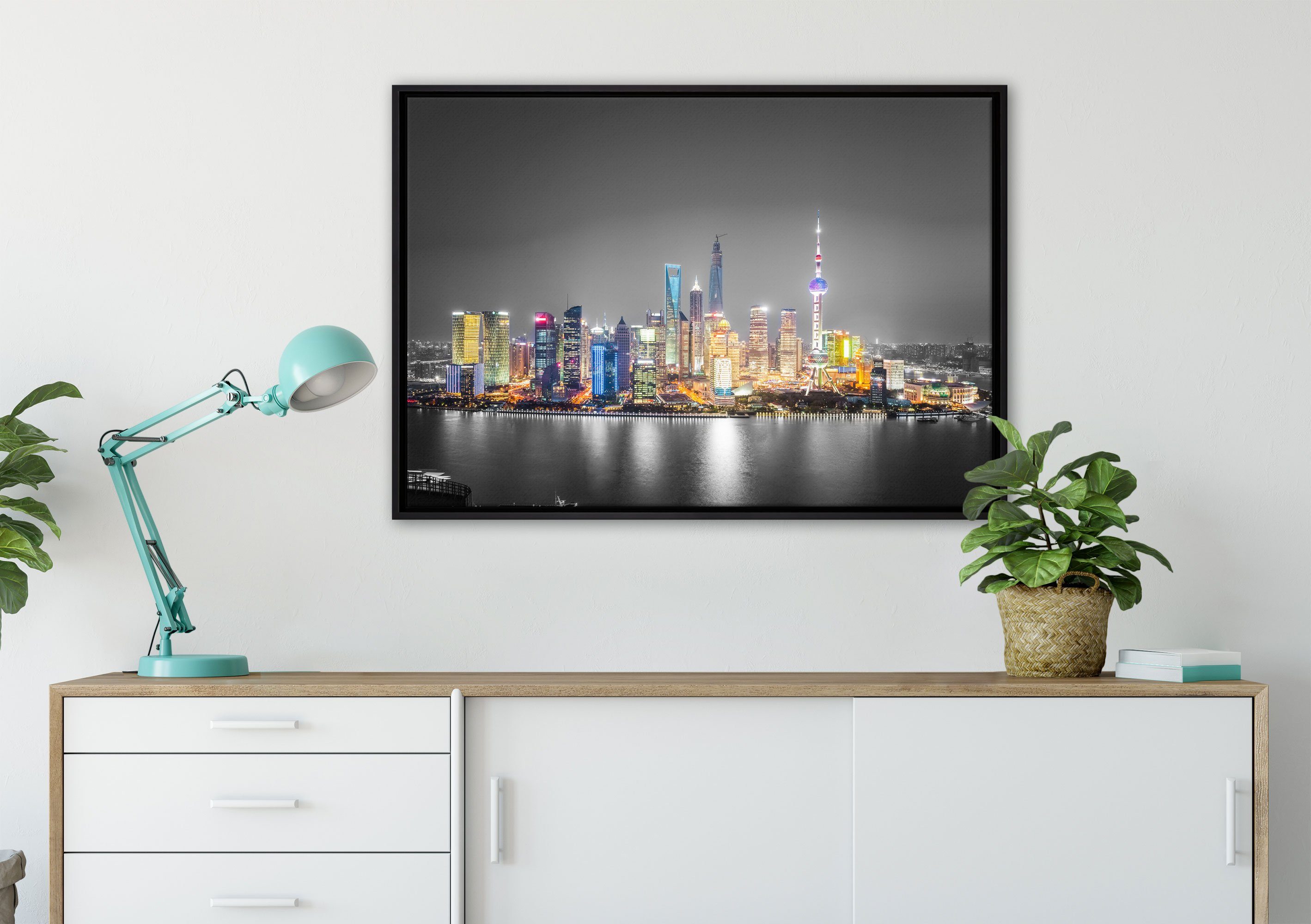 Pixxprint Leinwandbild Shanghai fertig Nacht, Leinwandbild Skyline Zackenaufhänger Wanddekoration in St), inkl. einem bespannt, Schattenfugen-Bilderrahmen (1 bei gefasst