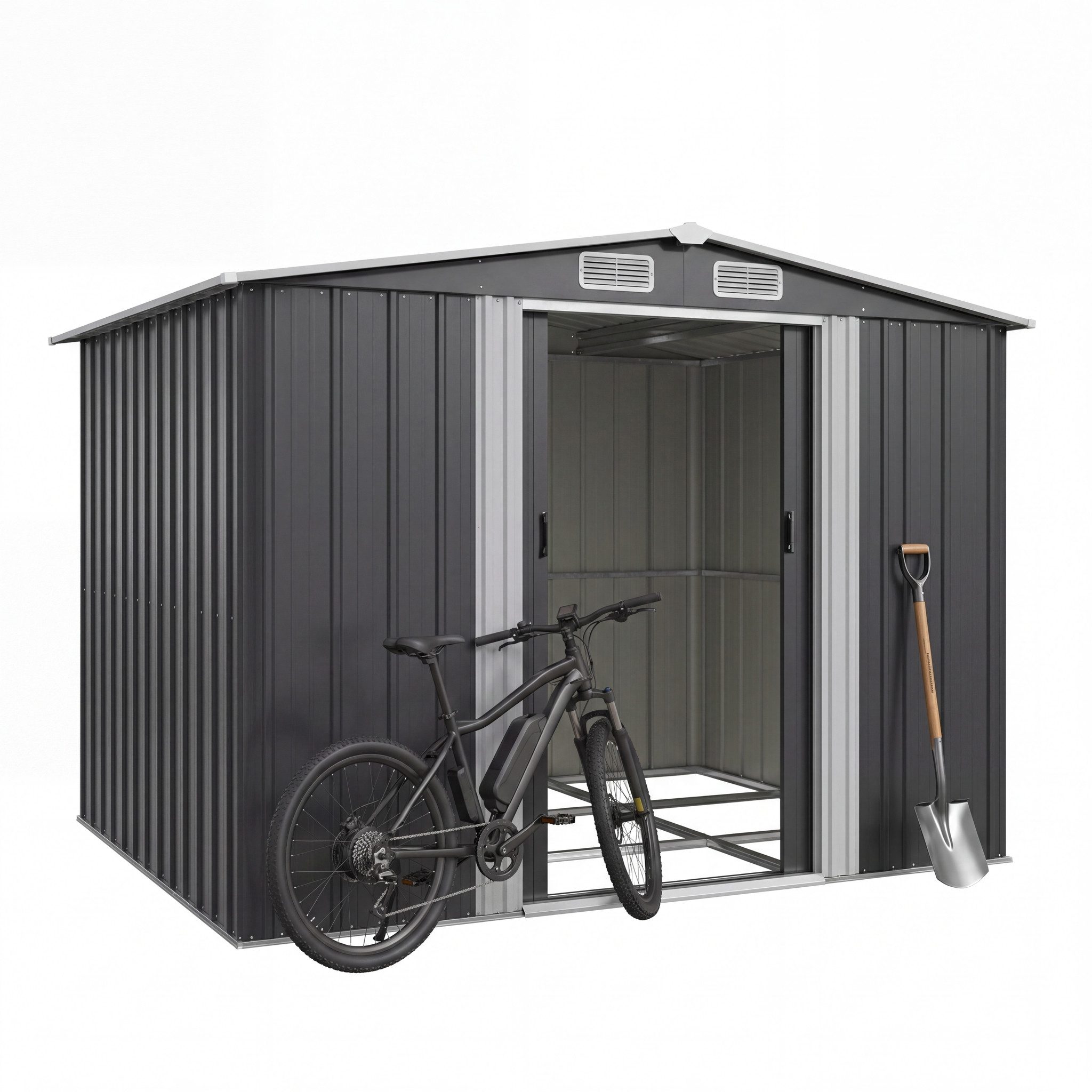 GUNJI Gerätehaus Metall Geräteschuppen Inkl. Stahlfundament, Gartenhaus mit Pultdach, M: 1,8m x 1,1m, L: 2.3m x 2m, XL: 2.4m x 3m, Doppelschiebetür