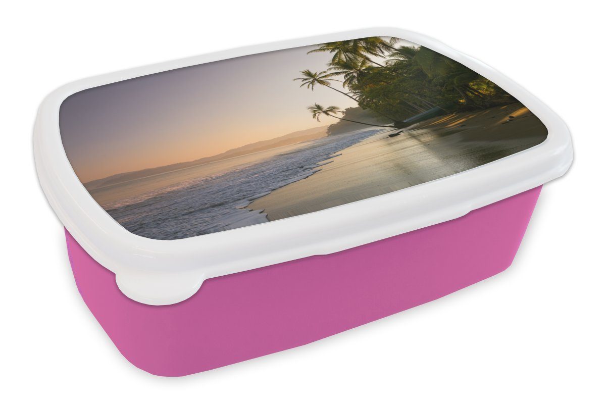 MuchoWow Lunchbox Strand - Meer - Palme, Kunststoff, (2-tlg), Brotbox für Erwachsene, Brotdose Kinder, Snackbox, Mädchen, Kunststoff rosa