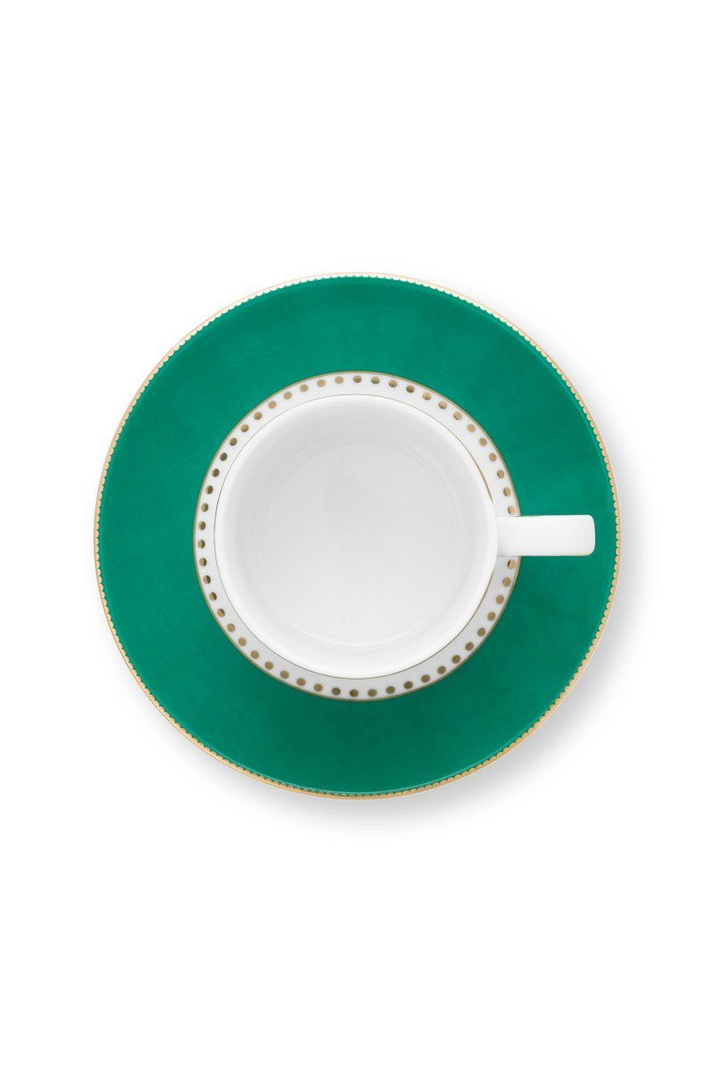 PiP Studio Espressotasse Love Birds Stripes Espressotasse m.U. grün 125ml, Porzellan, Espresso Cup & Saucer Love Birds Stripes Emerald-Green 125ml