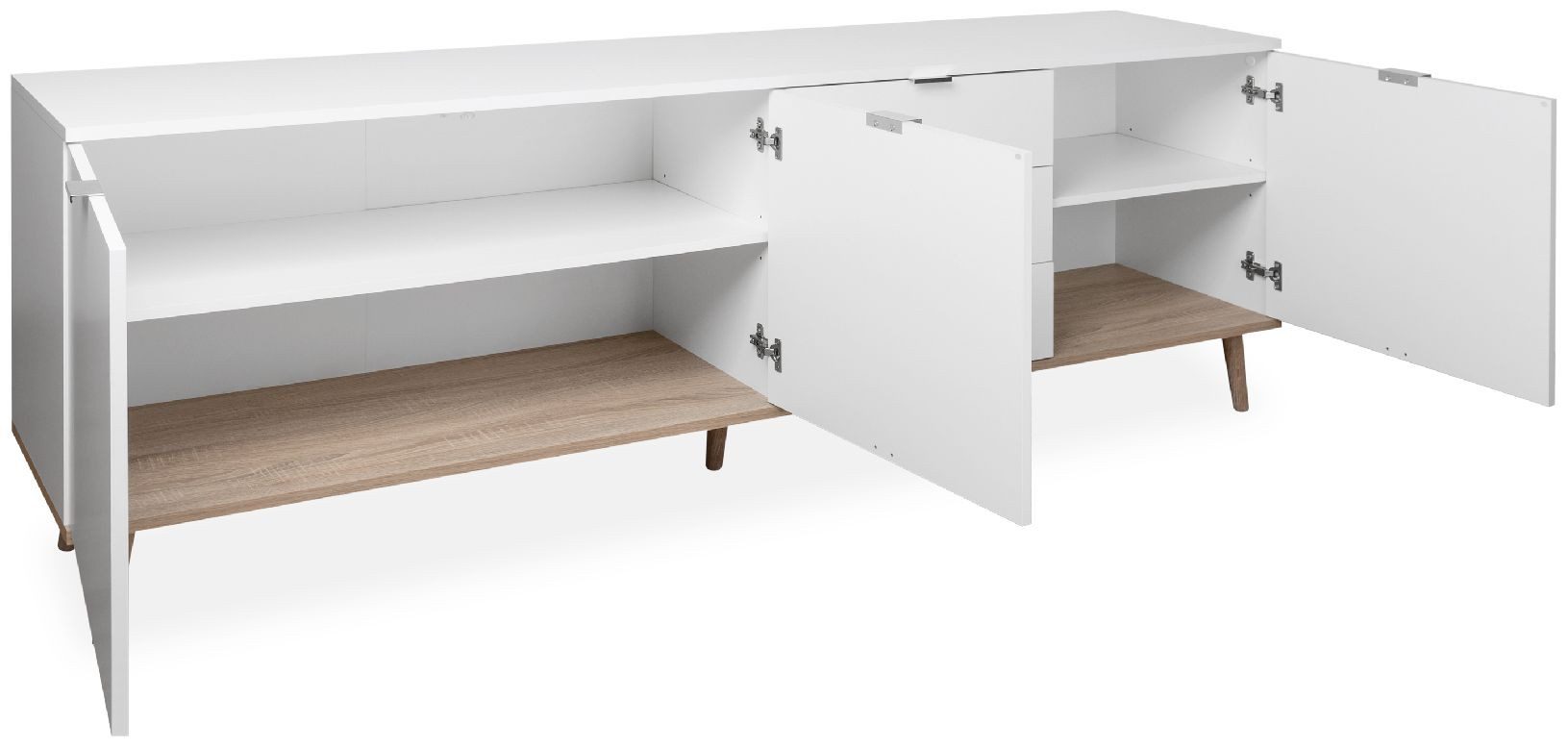 Finori Sideboard, Weiß, Sonoma Eiche, Modern, Metallgriffe, ABS-Kante, 200 x 68 x 40 cm