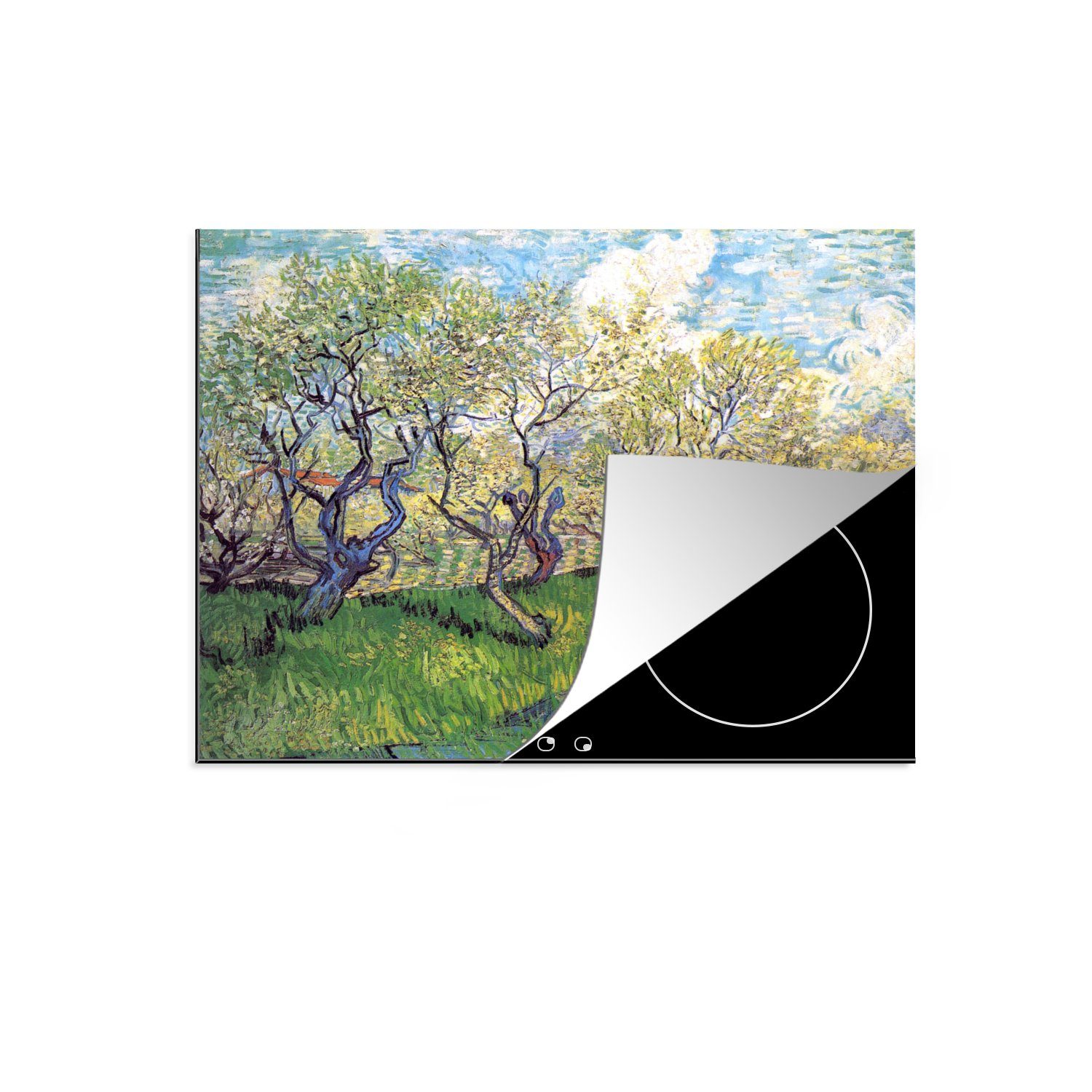 MuchoWow Herdblende-/Abdeckplatte Obstgarten mit blühenden Pflaumen - Vincent van Gogh, Vinyl, (1 tlg), 59x52 cm, Ceranfeldabdeckung für die küche, Induktionsmatte | Herdabdeckplatten