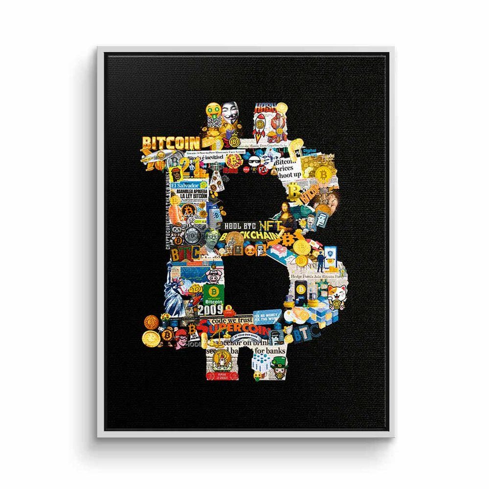 DOTCOMCANVAS® Leinwandbild, Leinwandbild Bitcoin Pop Art crypto schwarz Geld collage DOTCOMCANVAS weißer Rahmen