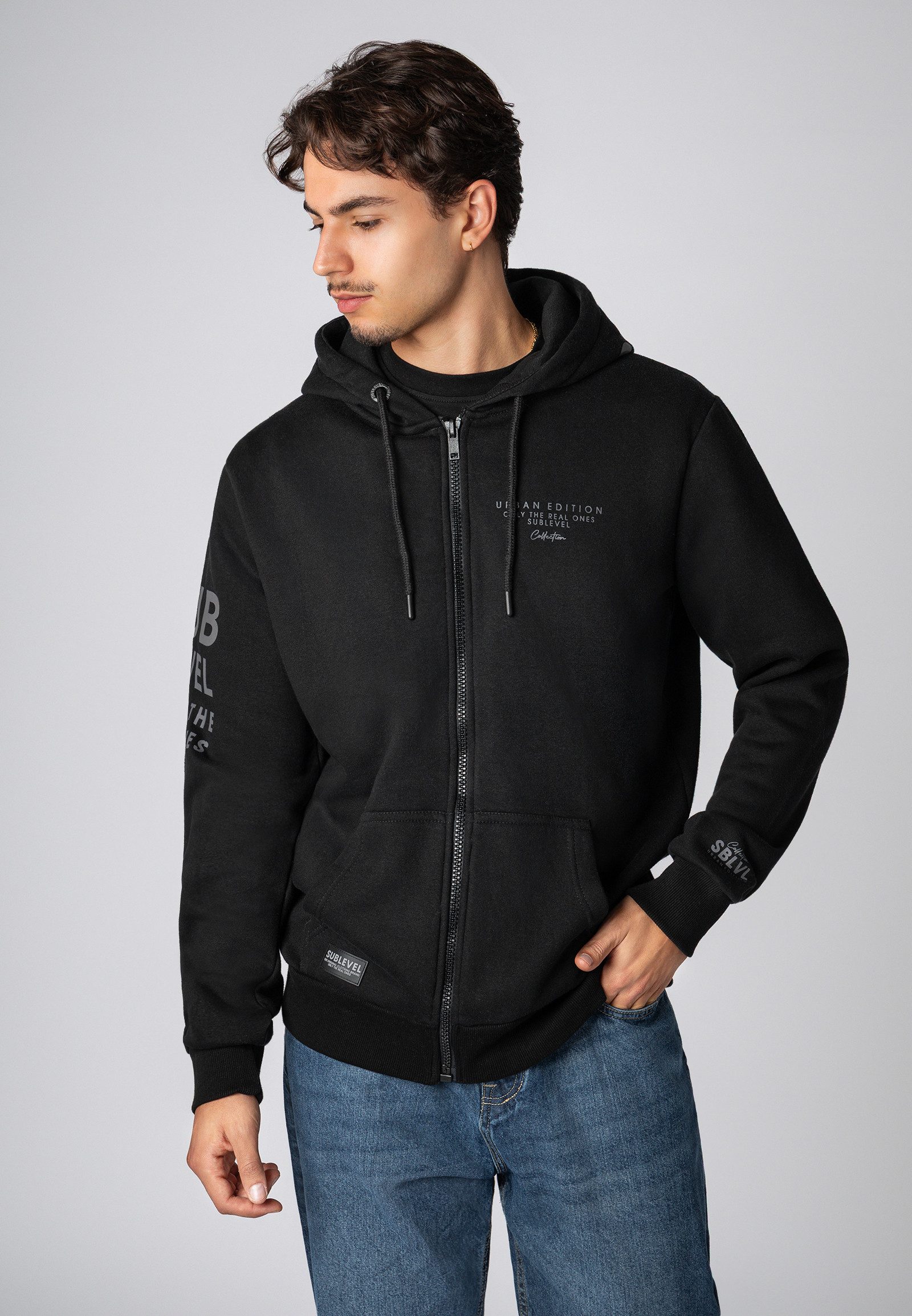 SUBLEVEL Kapuzensweatjacke Herren Zipperjacke mit Kapuzen Print Sweatshirtjacke, Kapuzenpullover mit Kängurutasche und Kapuze