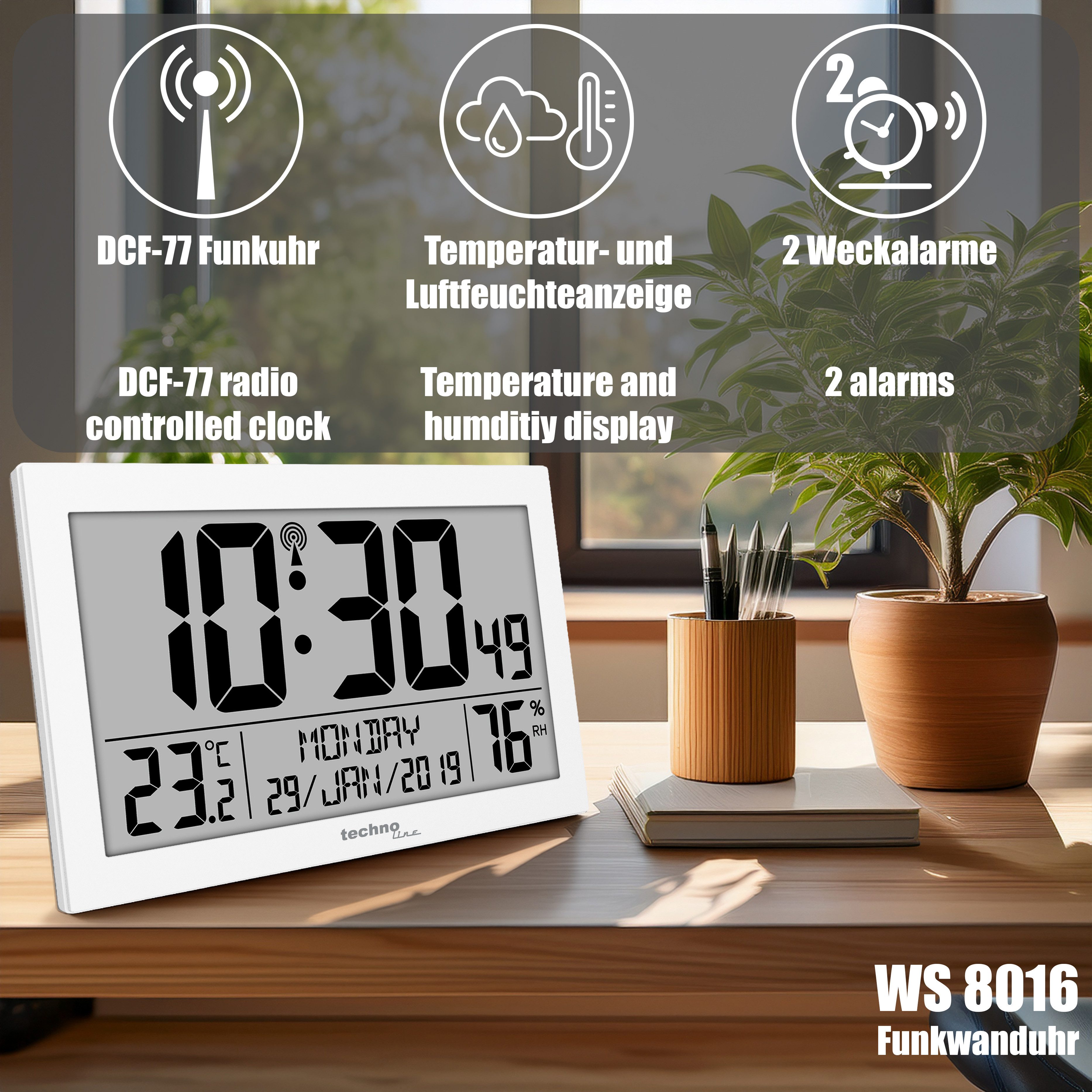 technoline Funkwanduhr WS 8016 (mit Temperatur- und Luftfeuchteanzeige)