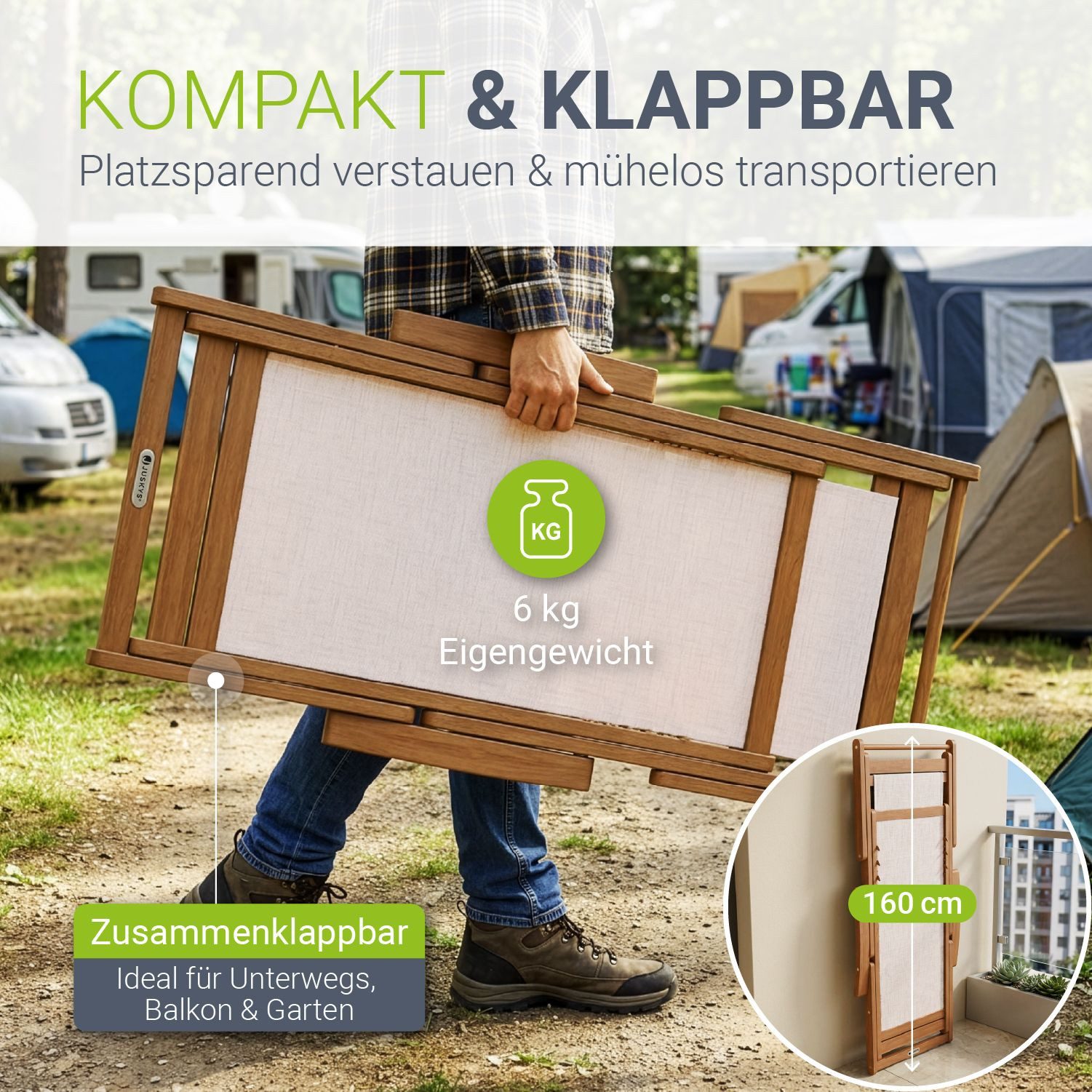 Juskys Gartenliege Tavira, 1er Set, 1 St., Verstellbare Lehne, Klappbar, Abnehmbares Kopfkissen
