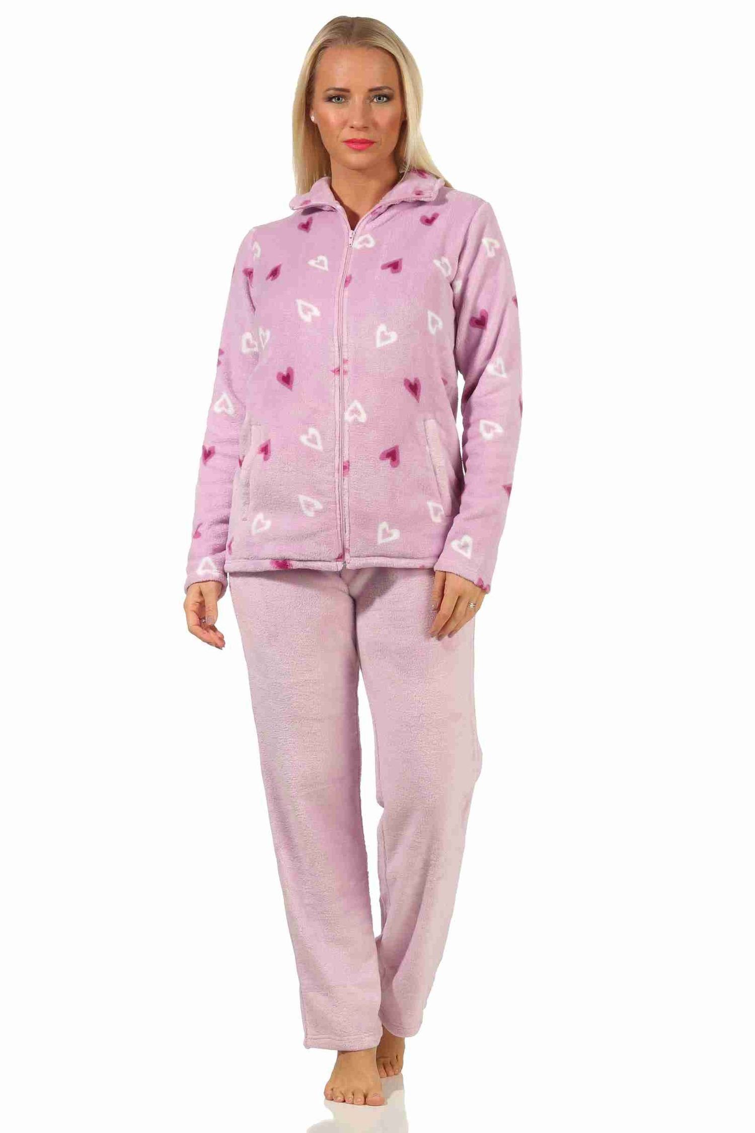 Normann Relaxanzug Wunderschöner Damen Hausanzug aus Coralfleece in Herz-Motiv Optik