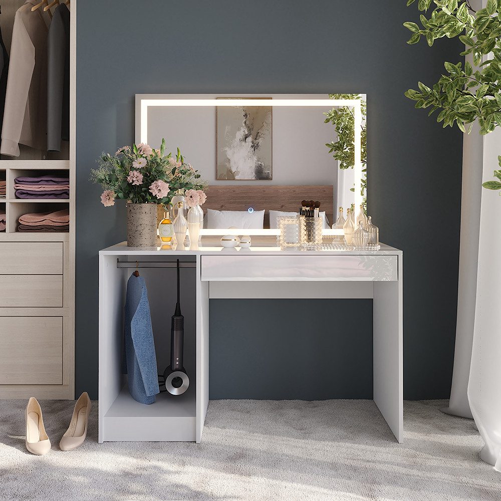 Vicco Schminktisch Sherry, Weiß/Weiß Hochglanz, 119.8 cm mit LED-Spiegel