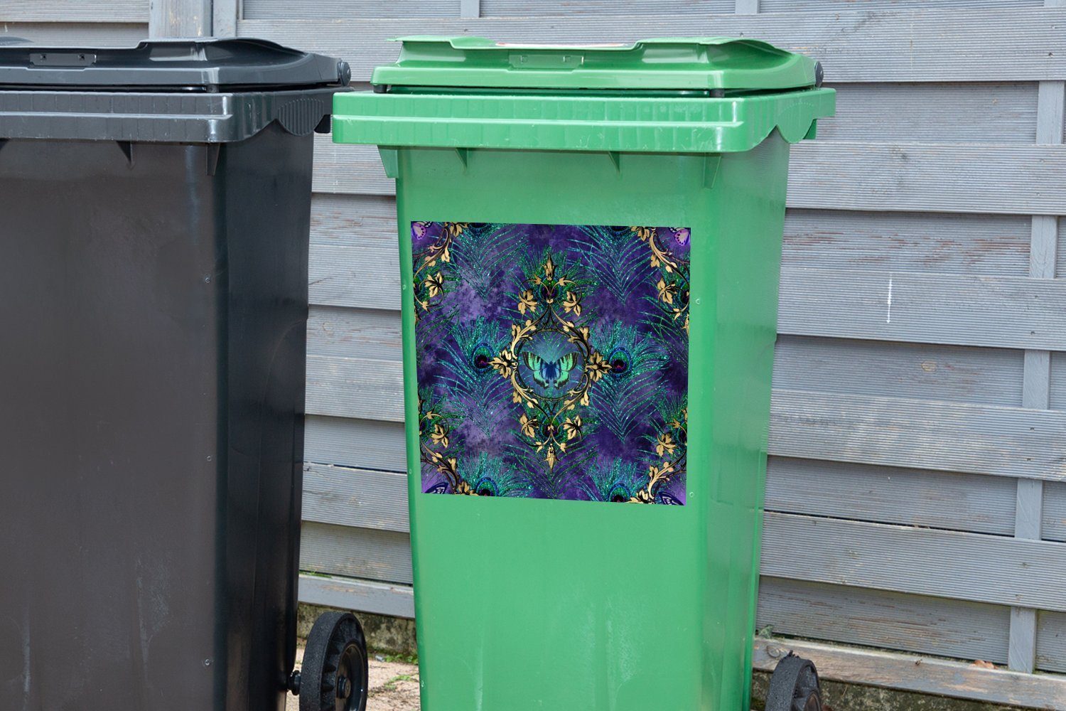 MuchoWow Wandsticker Muster - Pfauenfedern Mülltonne, Mülleimer-aufkleber, Abfalbehälter Sticker, Container, (1 - Violett St)