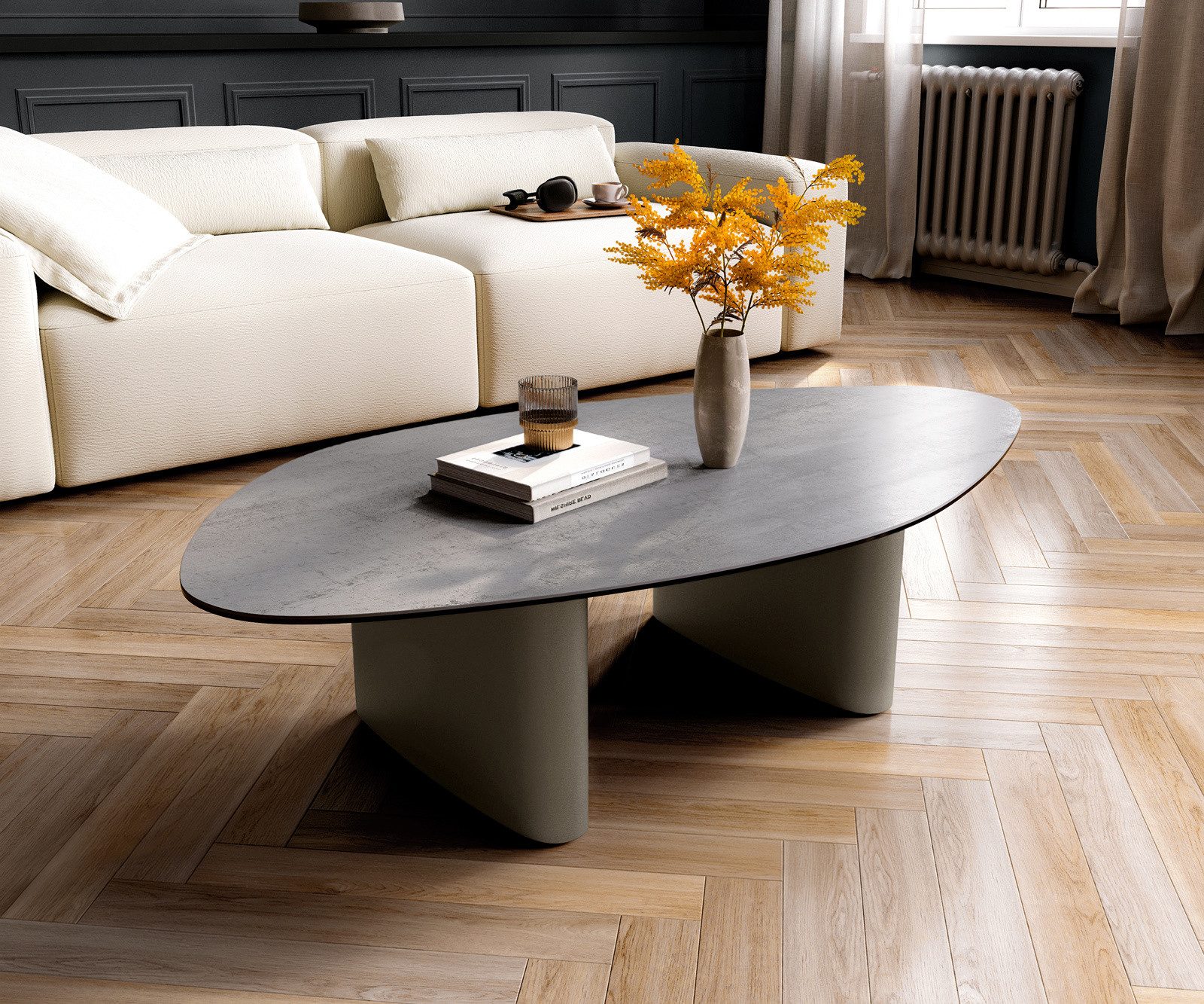 DELIFE Couchtisch Edge, Organisch 140x76 cm, Betonfarbig/grau, Gr. Gerade Kante