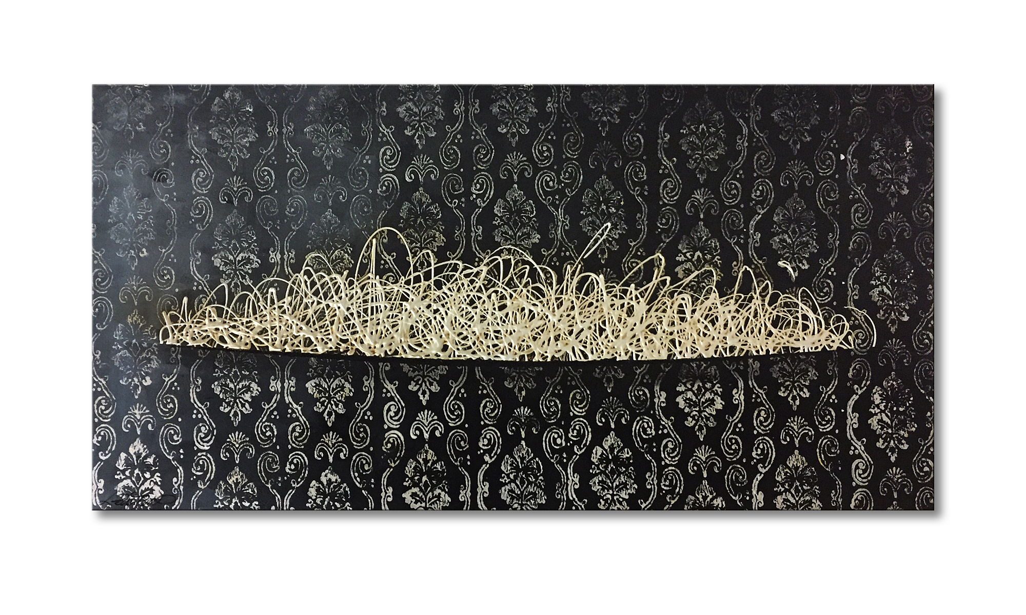 WandbilderXXL Gemälde Oriental Silver 120 x 50 cm, Abstraktes Gemälde, handgemaltes Unikat
