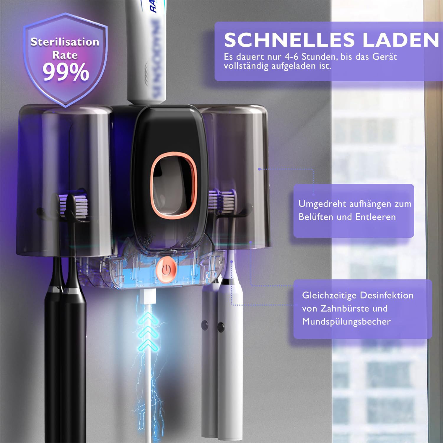 MOPUEA Zahnbürstenhalter Zahnbürstenhalter UV Desinfektions Zahnbürsten Halter mit 4 Schlitze, (Automatischer Zahnpastaspender, mit 2 herausnehmbarer Becher, 1- – Bild 4 von 5