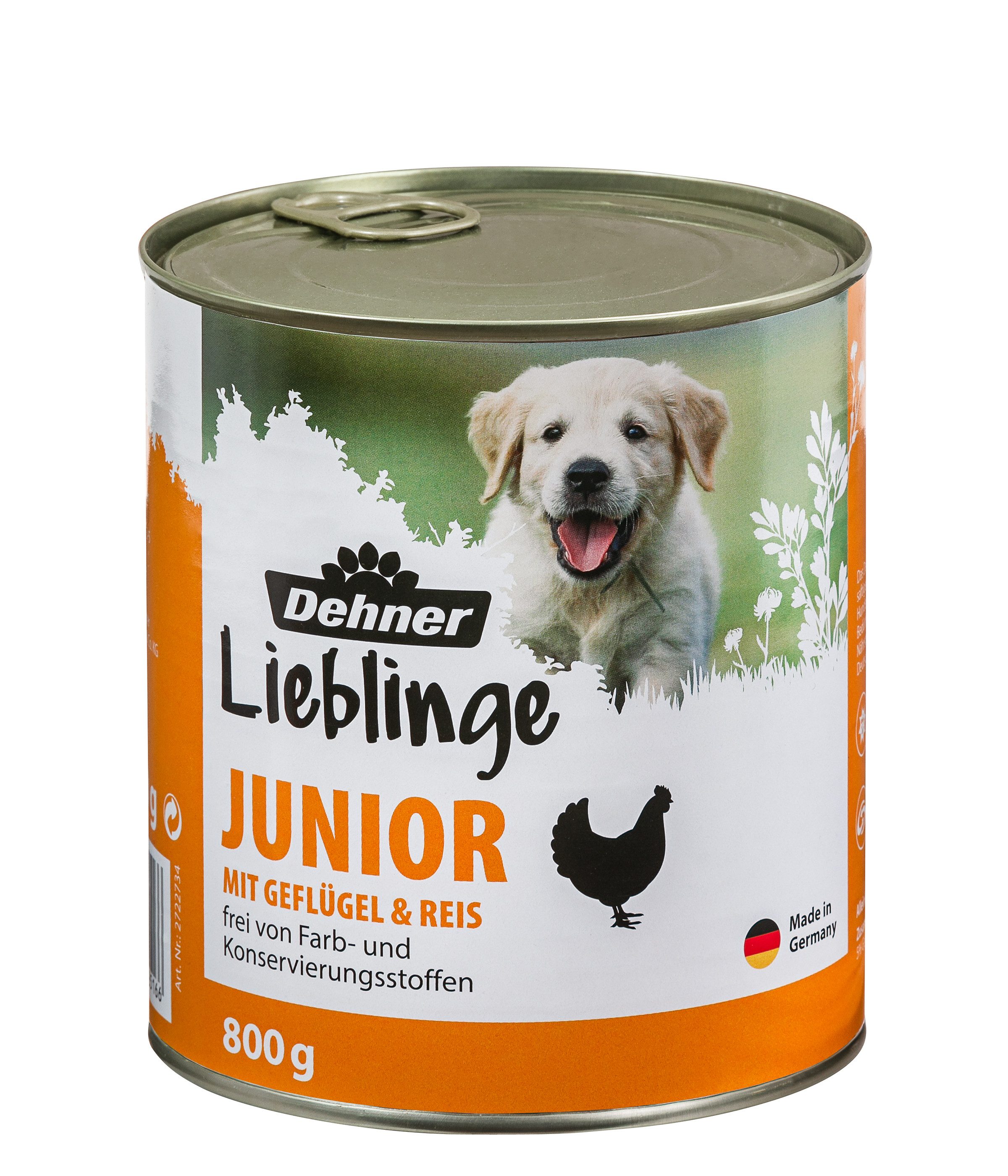 Dehner Lieblinge Junior Geflügel / Reis, 6 x 800 g Dose Geflügel, Nassfutter für: Hunde, Nassfutter für Welpen / junge Hunde, vitaminreich