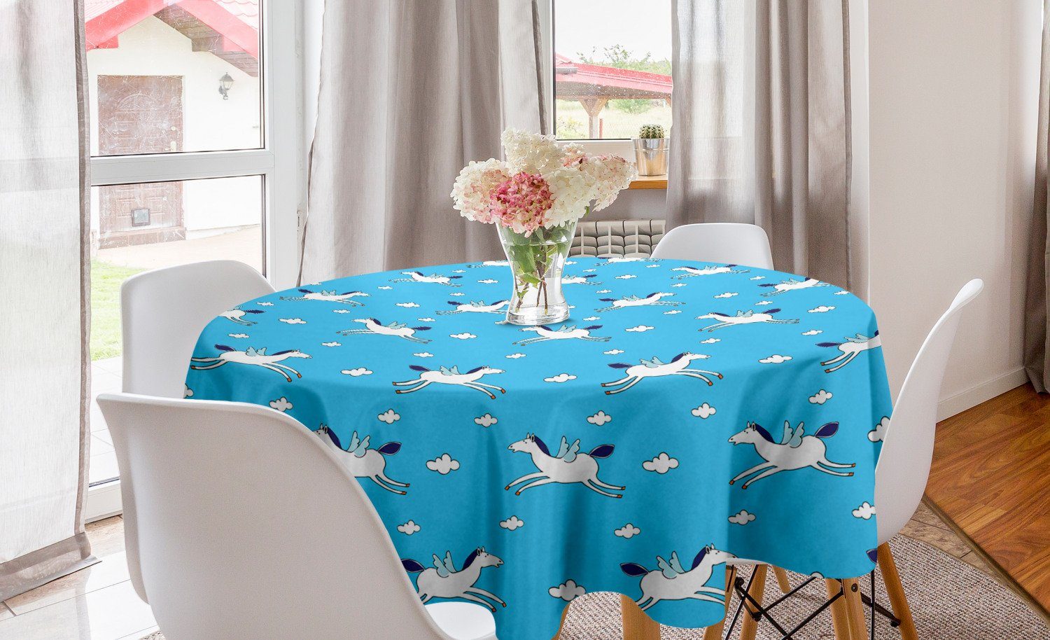 Kreis Himmel Abdeckung Küche auf Dekoration, Blau Pegasus Tischdecke für Tischdecke Fliegen-Pferd Esszimmer Abakuhaus