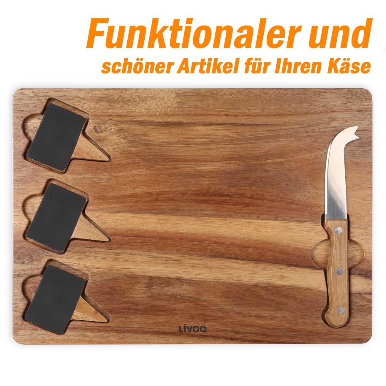 Schiefer LIVOO Holz mit Schneidebrett Käseplatte Käsebrett Messer LIVOO Käsebrett