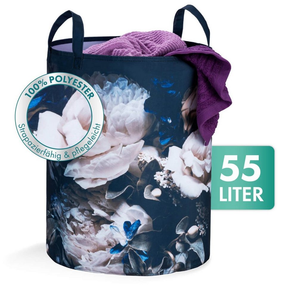 WENKO Wäschekorb Wäsche Sammler PEONY 55 L Sortierer Korb Tonne Blumen  Muster, Material: 100 % Polyester