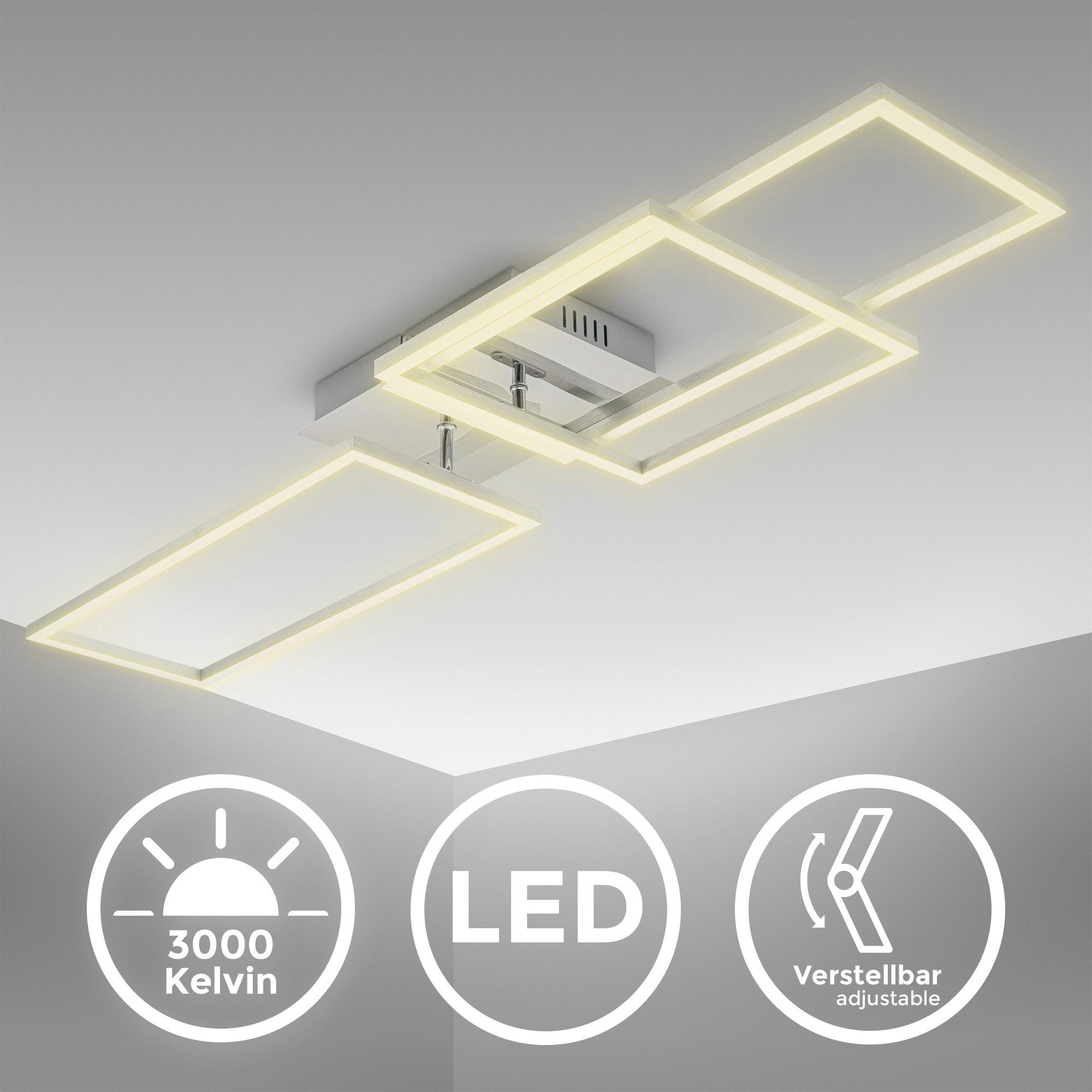 B.K.Licht LED Deckenleuchte BK_FR1500 Deckenlampe, Watt, integriert, Schwenkbar, LED 3.000 Büroleuchte, K 43,8 Chrom-Alu LED-Frame, fest Warmweiß, warmweiß