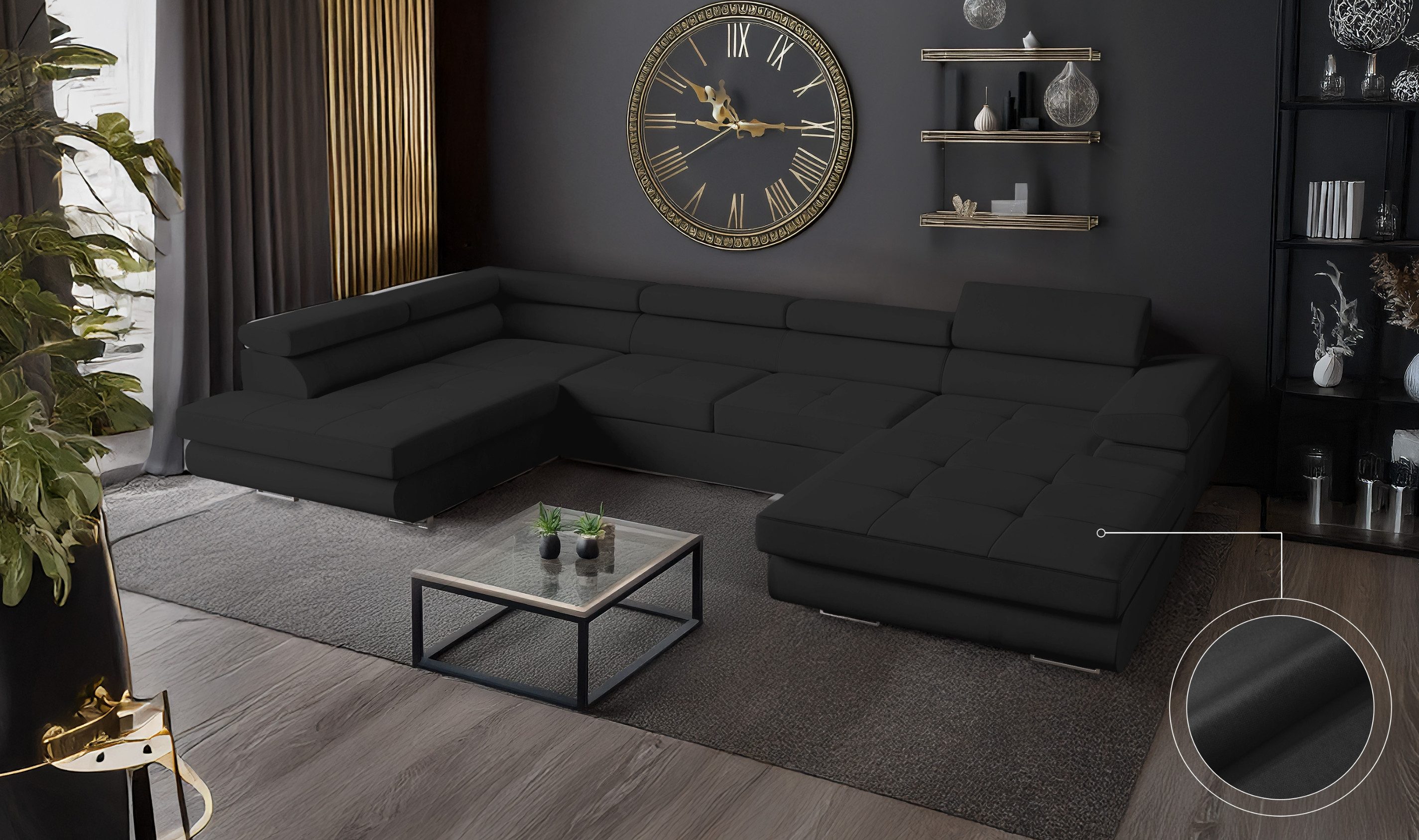Goldstoff Wohnlandschaft mit Schlaffunktion, Couch für Wohnzimmer - Schlafs günstig online kaufen
