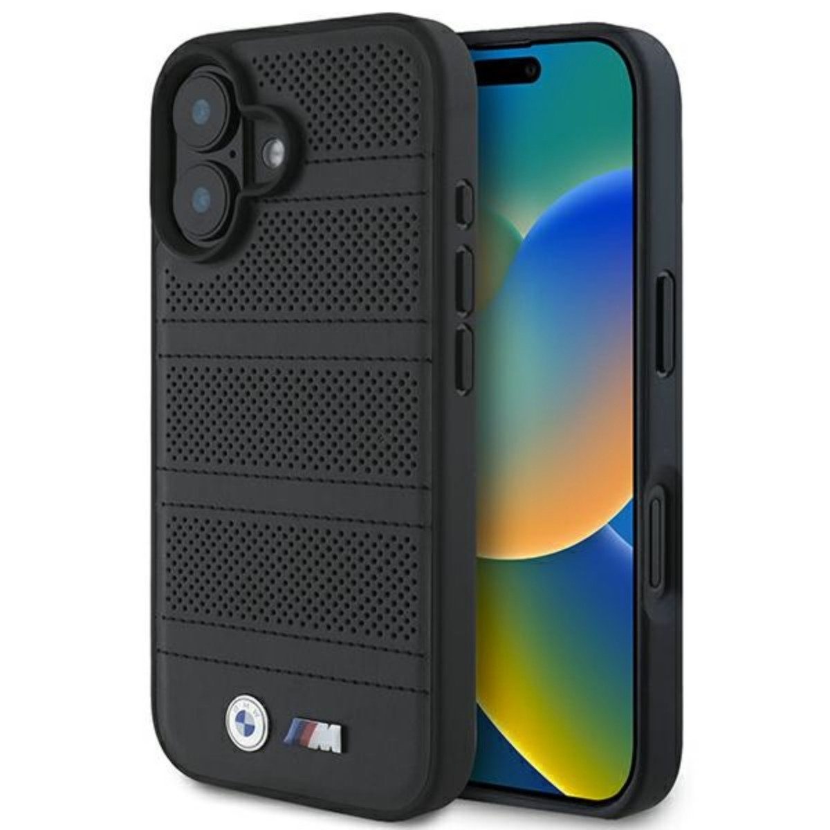 BMW Handyhülle Perforated Line mit Magnetfunktion Kompatibel mit iPhone 16 Schwarz 6,1, Perforierte Hülle mit Ziernaht Magnetfunktion und sportlicher Optik