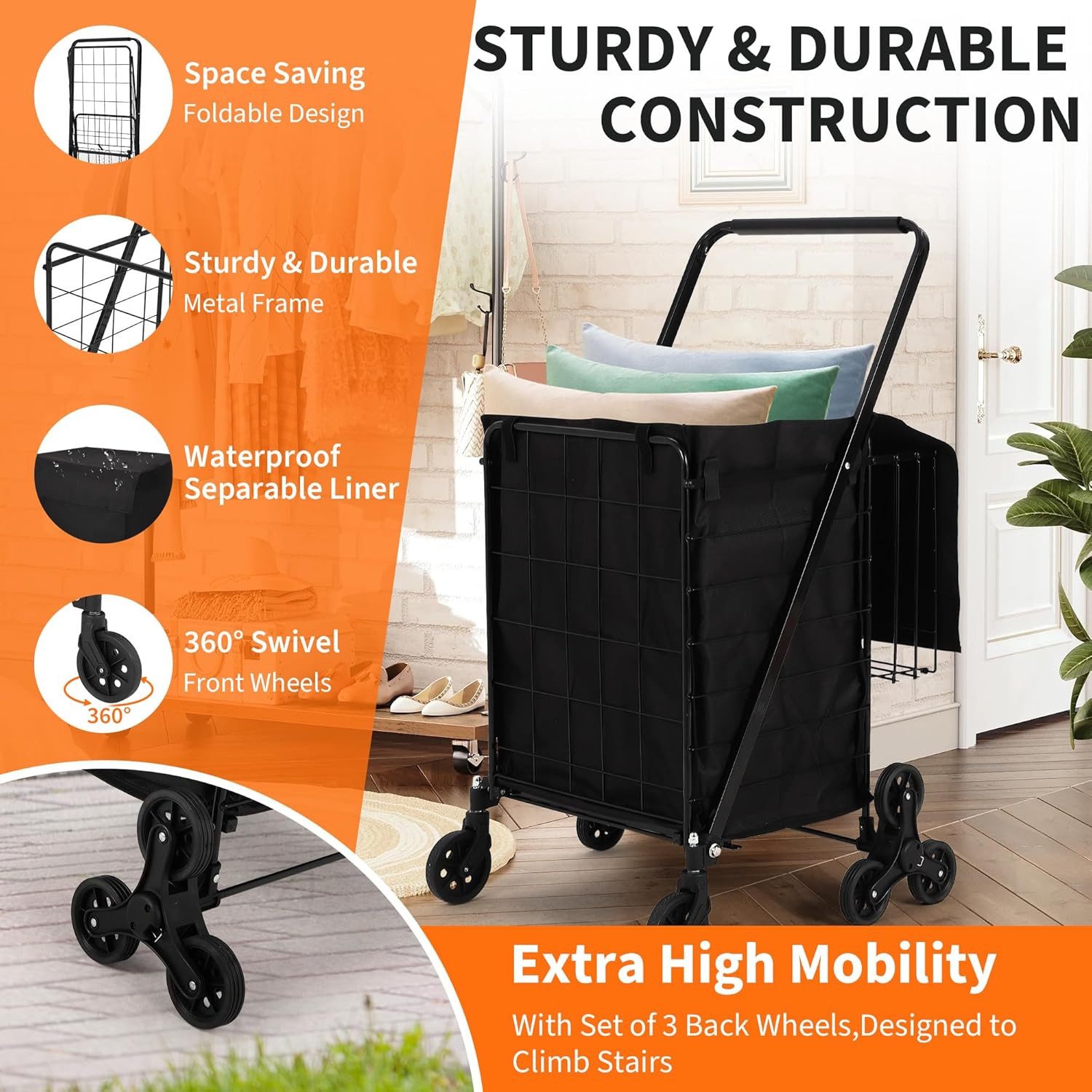 GarveeMore Einkaufstrolley mit Treppensteigerfunktion,wasserdichter Korbeinlage,tragbar,klappbar, 360° drehbaren Rollen,ideal für Einkäufe, Wäsche, Gepäck und Camping