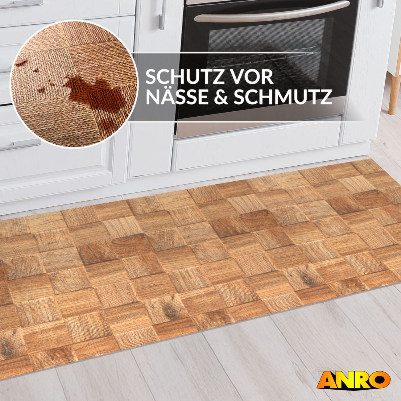 ANRO Küchenläufer abwaschbar Holz LADY Läufer stark pflegeleicht Küchenteppich, Rechteckig, Höhe: 3 mm, robust schmutzabweisend 67x100cm Patchwork Braun robust – Bild 5 von 5