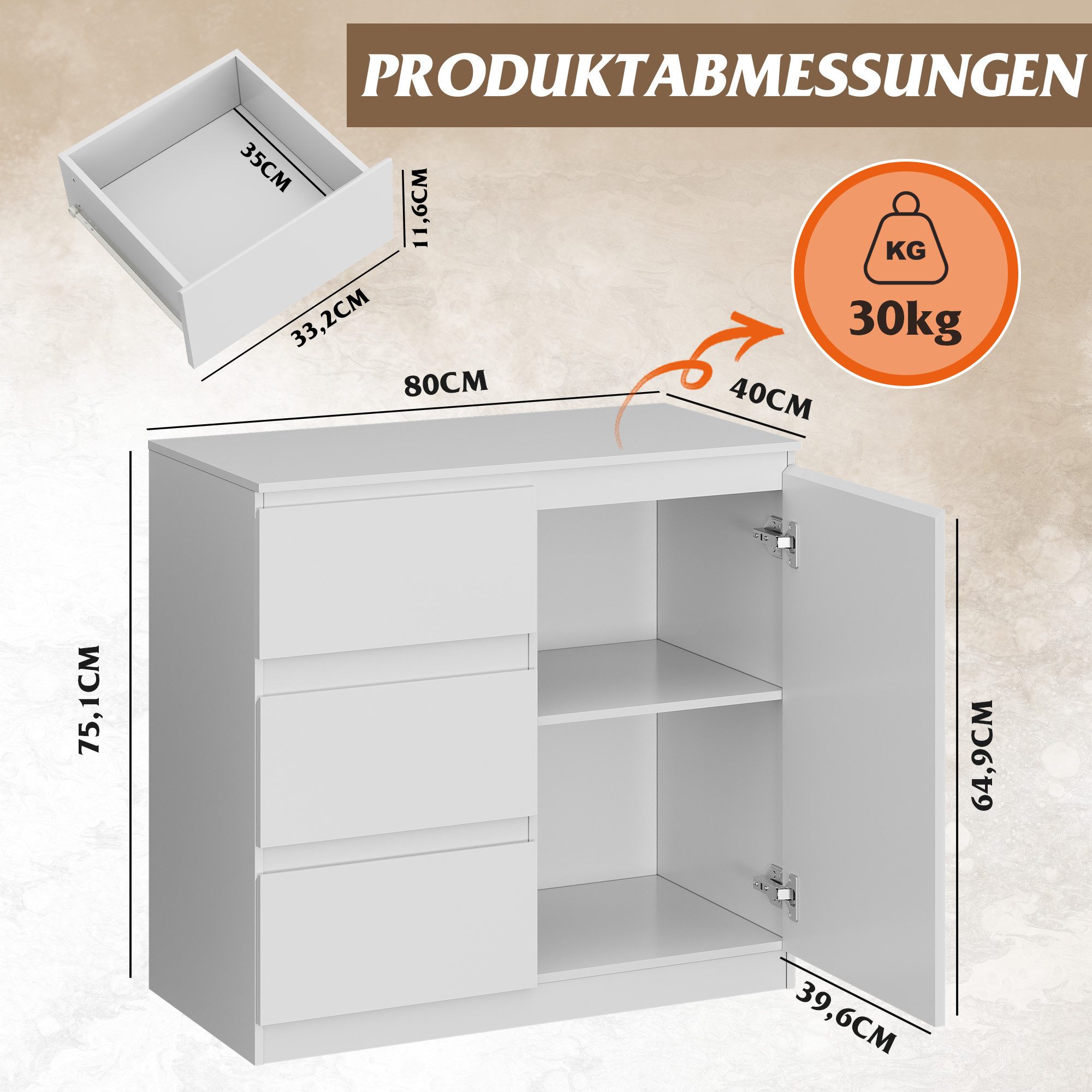 WLIVE Sideboard Kommode, Breite 80 cm, Sideboard mit 3 Schubladen & 1 Tür, günstig online kaufen