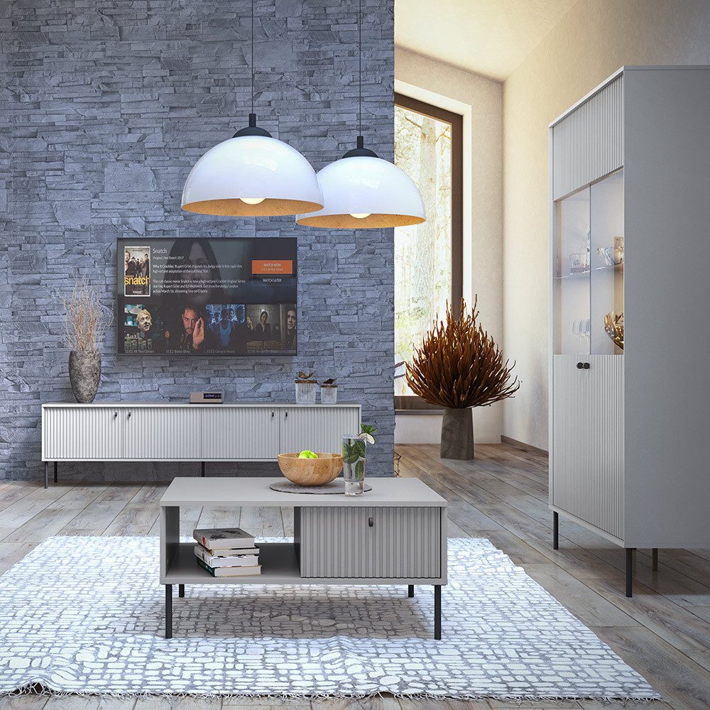 Lomadox Wohnzimmer-Set IPSWICH-166, (Mega-Spar-Set, 3-St., Vitrine Couchtisch Lowboard), Wohnwand mit Wohnzimmertisch, grau mit gerillten Fronten