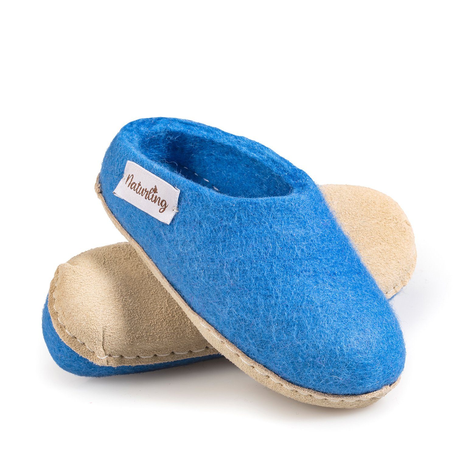 naturling Kinder Filz Pantoffeln Hausschuh (mit leiser) Ledersohle Blau