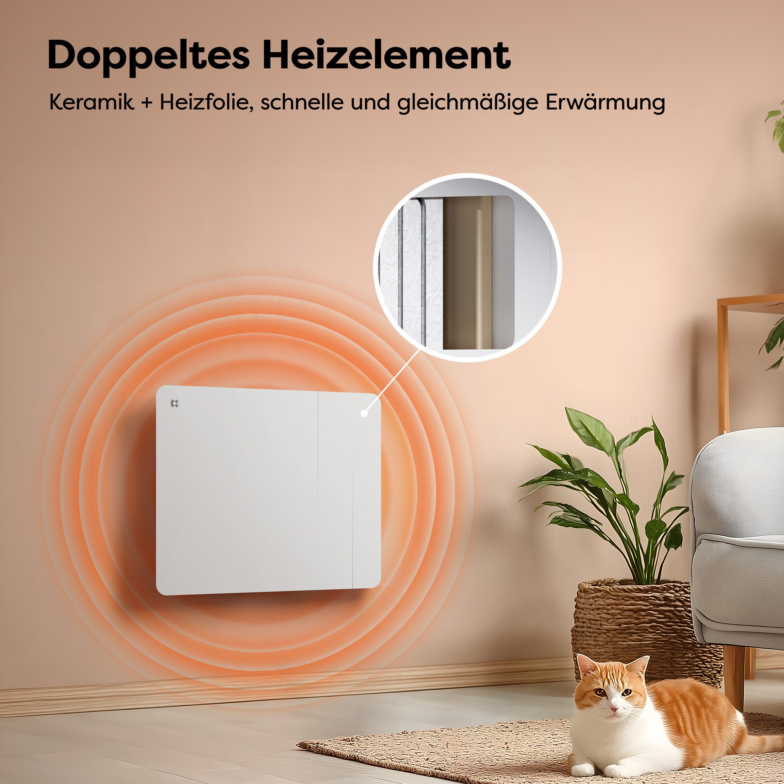 CIARRA Elektro-Heizkörper 1000–2000 W Keramik-Heizkörper+ Aluminium-Heizfolie mit WLAN, PID-Thermostat, App-Steuerung, 7-Tage-Programm, IP24, ca. 10 - 15 m² – Bild 4 von 5