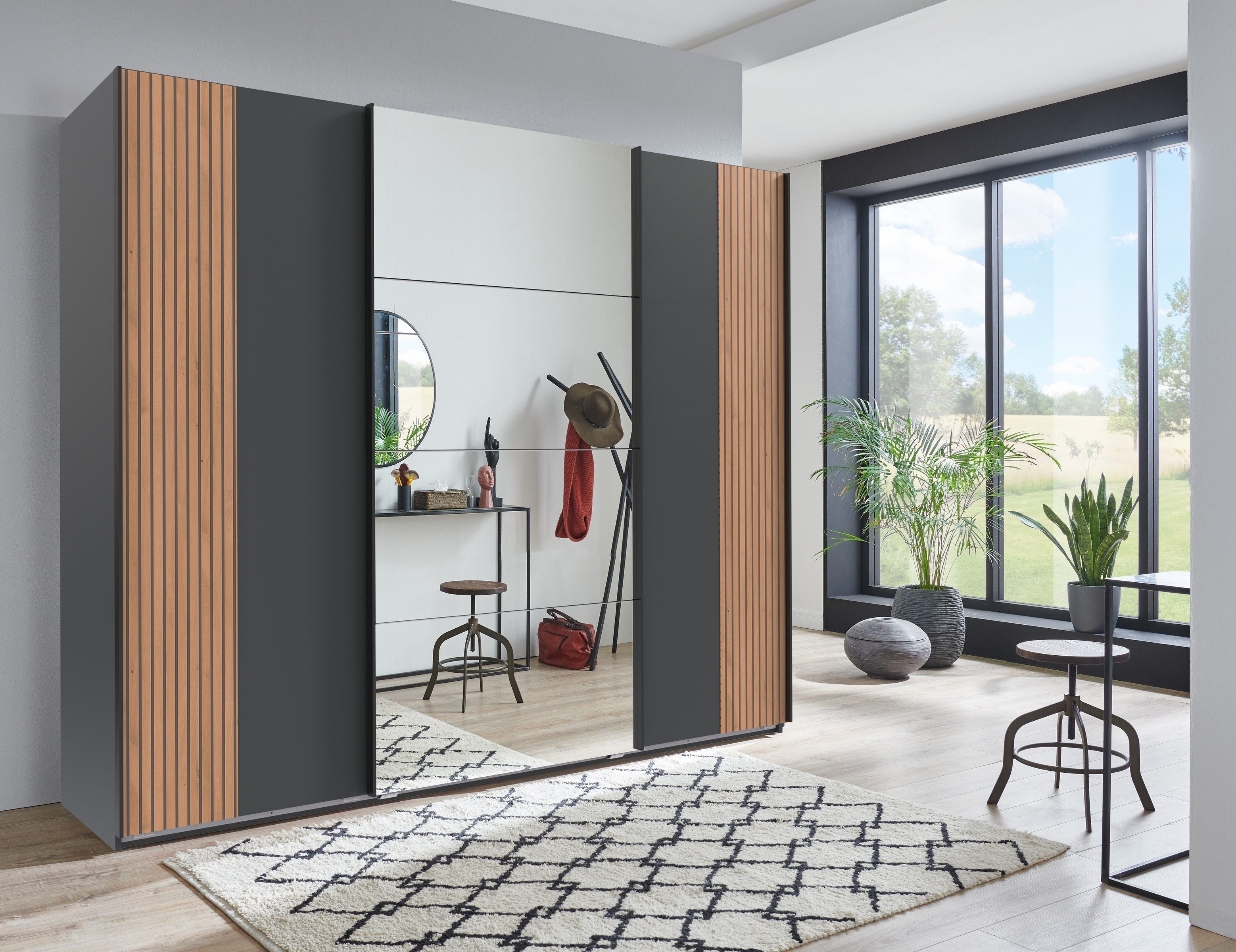 Wimex Schwebetürenschrank Spiegel, Akustiklamelle, Graphit & Artisan Eiche - 225x208x64cm BxHxT