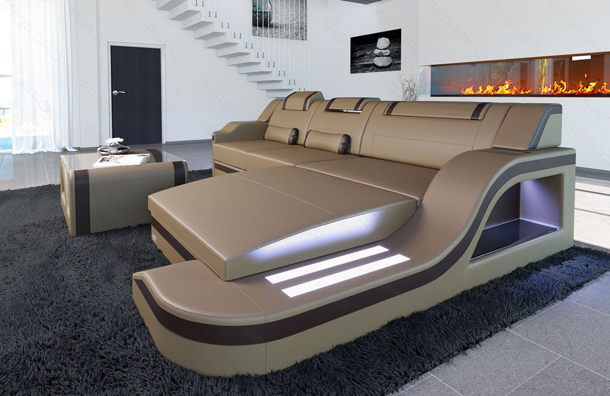 Sofa Dreams Ecksofa Ledersofa Palermo L Form Mini, Designersofa Couch, mit LED Licht & USB Anschluss