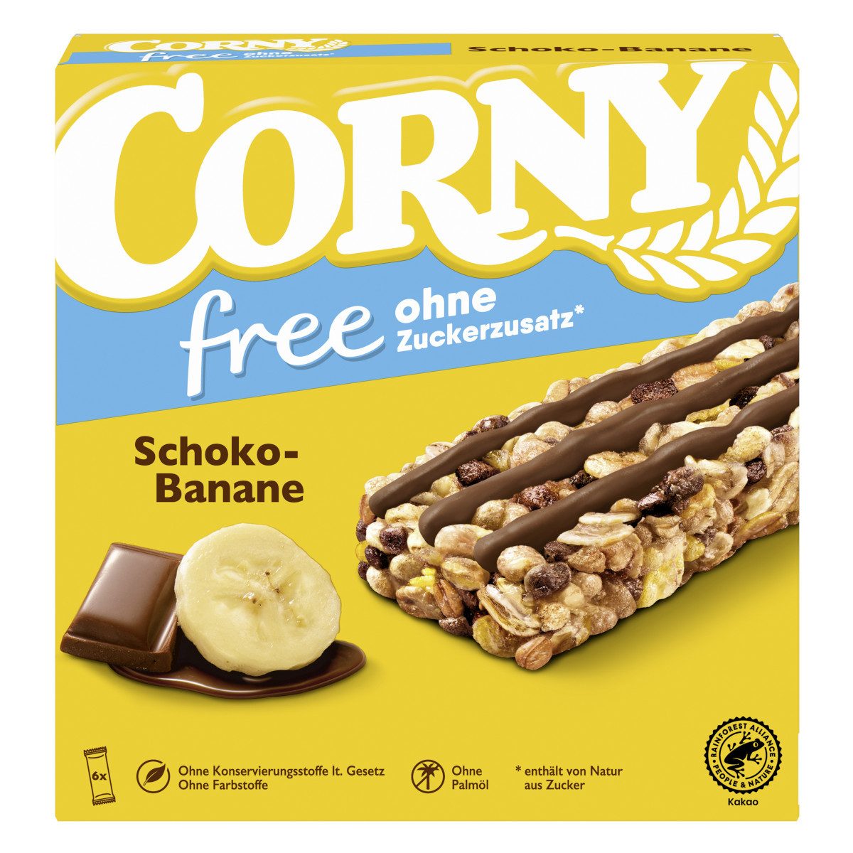 CORNY Cerealien, Corny free Schoko-Banane 6x20g Müsliriegel Packung 120g