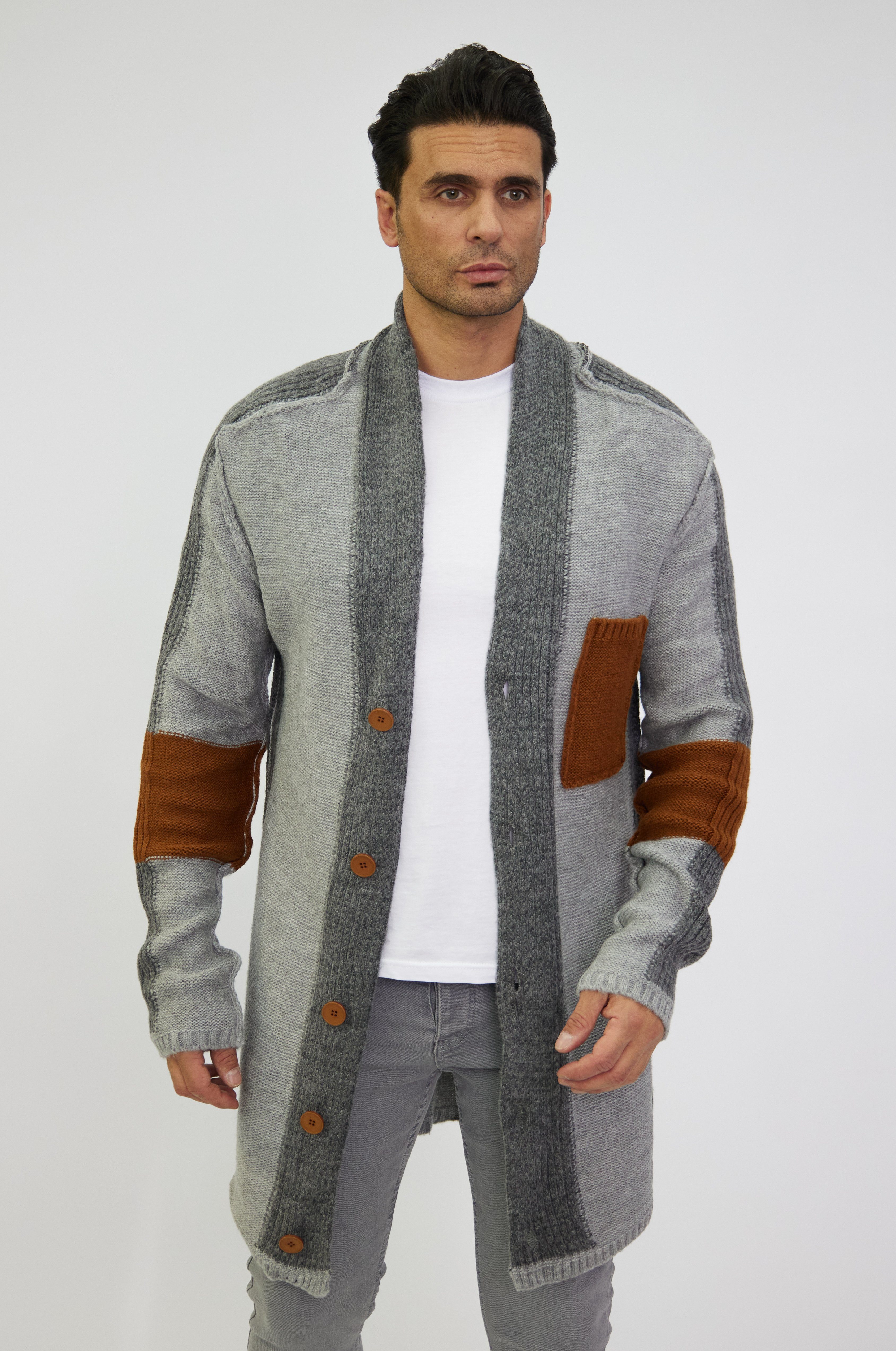 Denim Distriqt Strickjacke Herren Oversized Strickjacke im Patchwork Look Grau