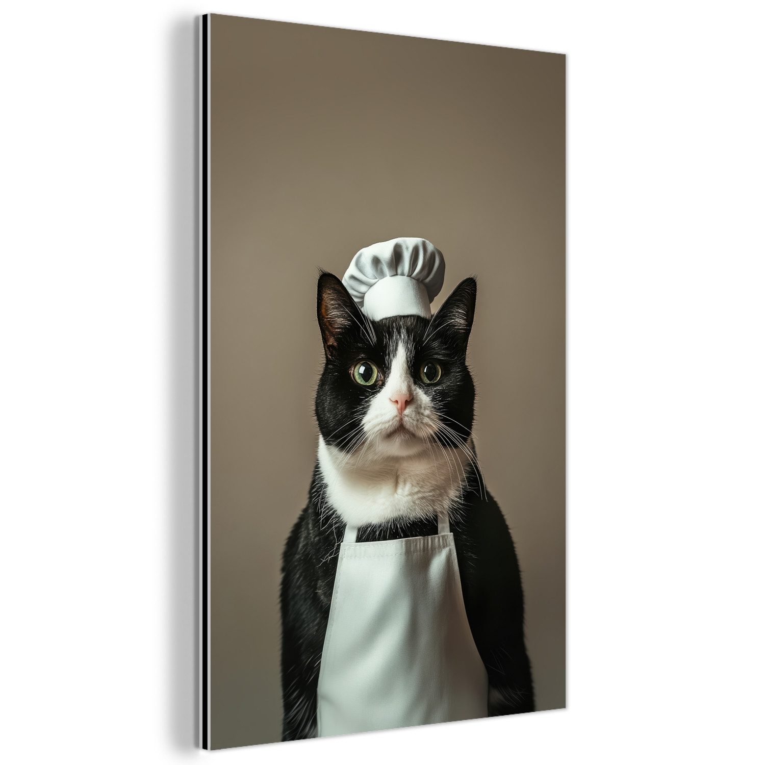 MuchoWow Metallbild Katze - Kochkleidung - Schwarz - Weiß, Inkl. Aufhängung, Alu-Dibond-Druck, Dekoration aus Metall, Aluminium deko, 80x120 cm