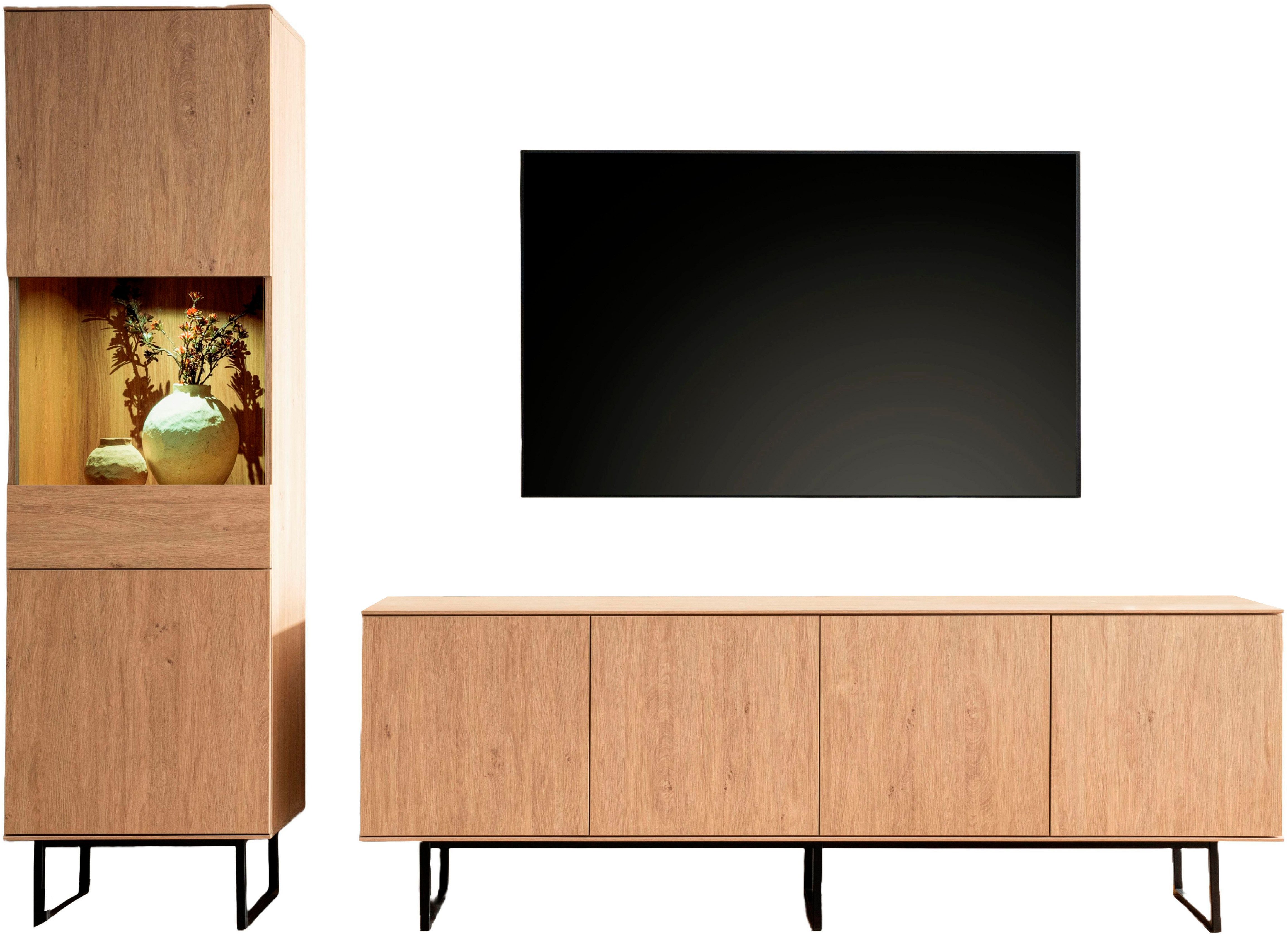 Home affaire Wohnwand Lund, moderne Anbauwand, Wohnzimmer-Set in Stone Oak, (2-St), enthält Vitrine und Lowboard