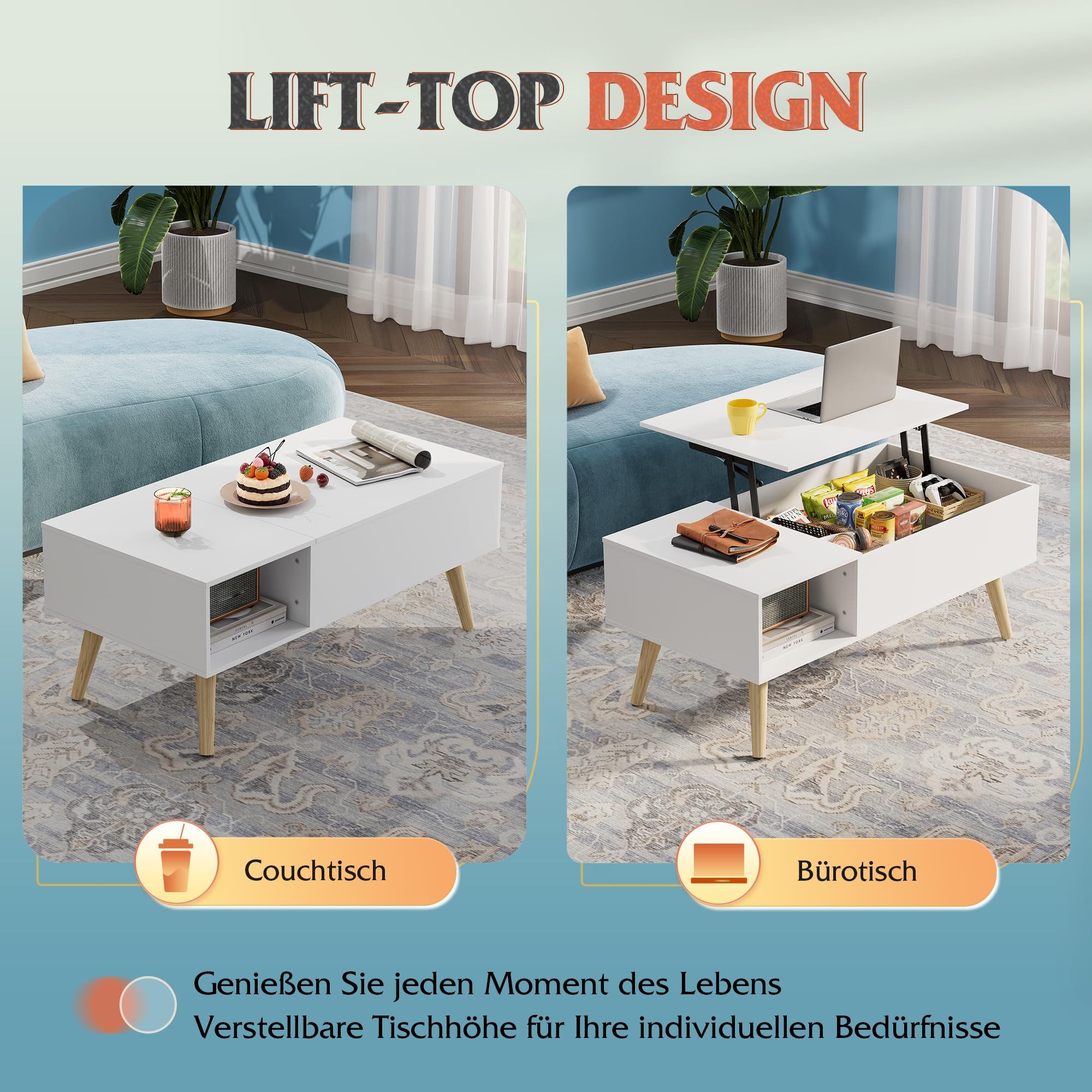 WLIVE Couchtisch höhenverstellbar mit Stauraum, Lift-Top Wohnzimmertisch 100×50×41-57cm (Packung, Lift-Top-Design), Holzoptik & Metallrahmen, für Wohnzimmer Bür – Bild 4 von 5