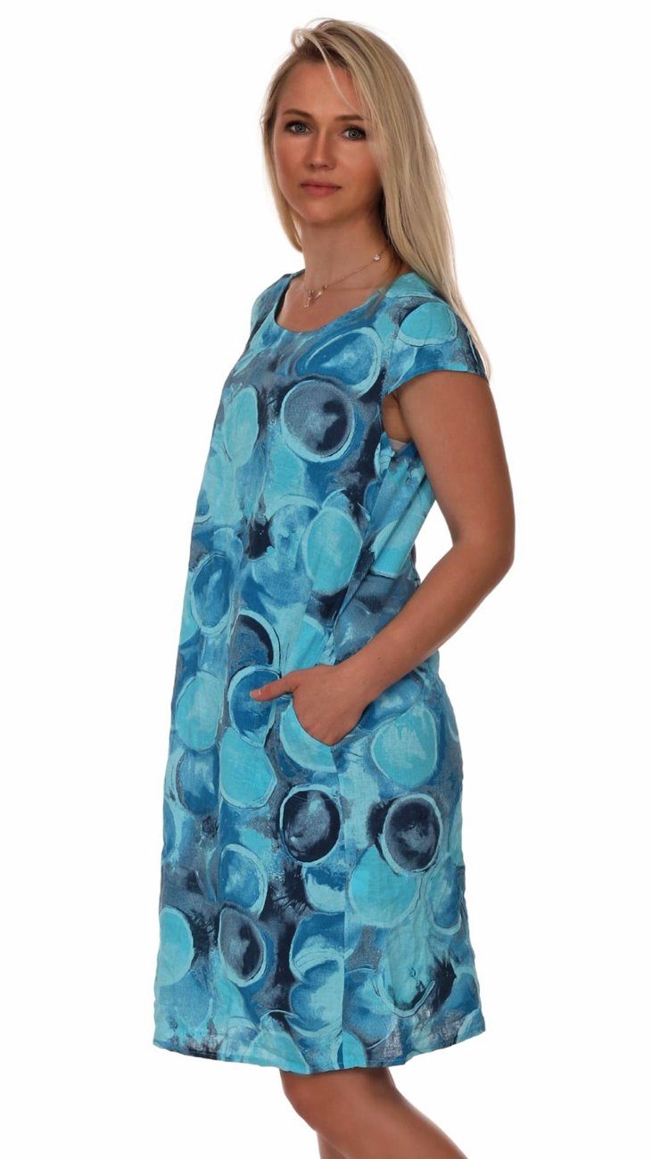 Charis Moda A-Linien-Kleid Leinenkleid Sommerkleid Blau Kurzarm Rotondi Belli