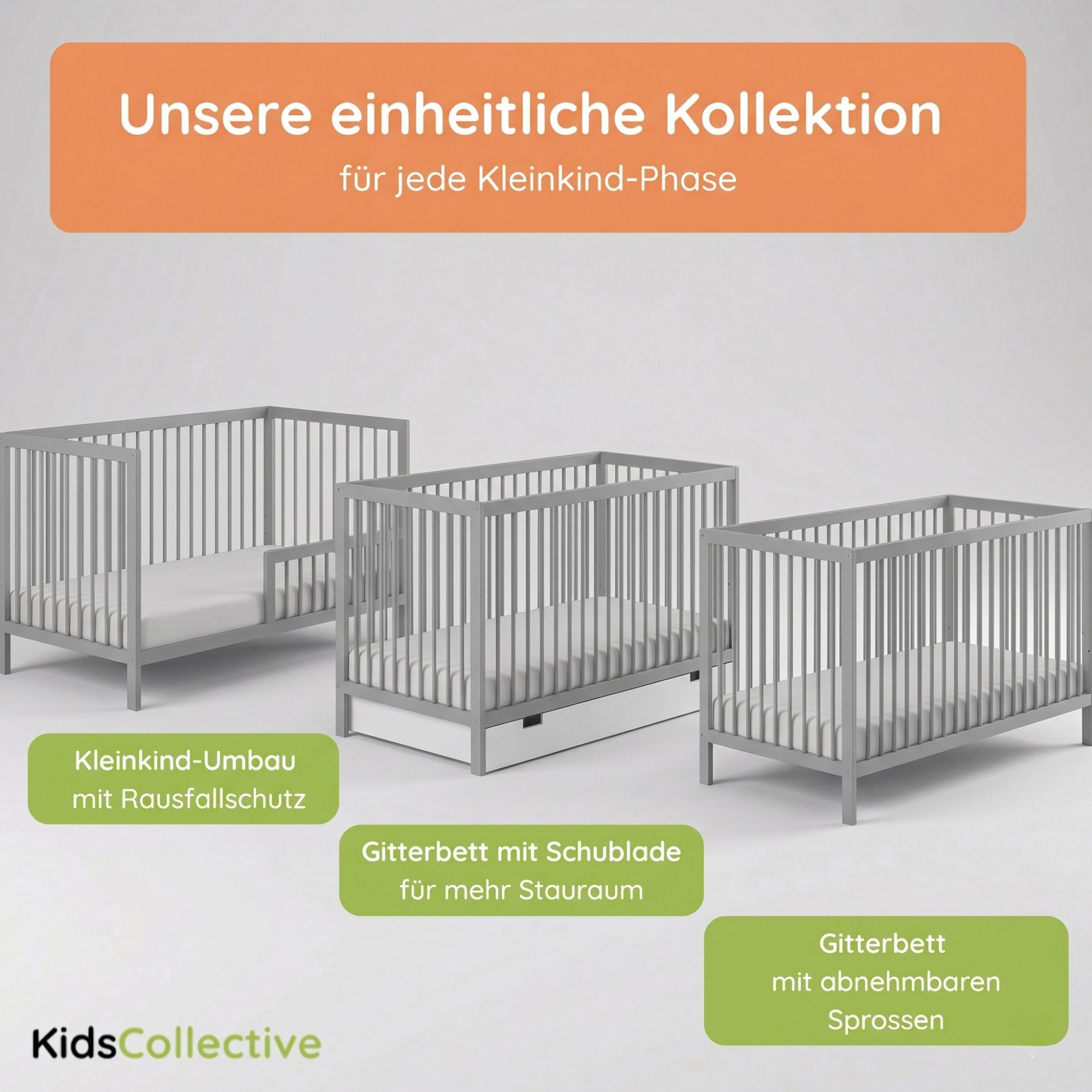 Kids Collective Kinderbett Babybett Gitterbett 60x120 und 70x140 cm höhenverstellbar, mit Schbulade grau 60x120 cm von Geburt bis 3. Lebensjahr
