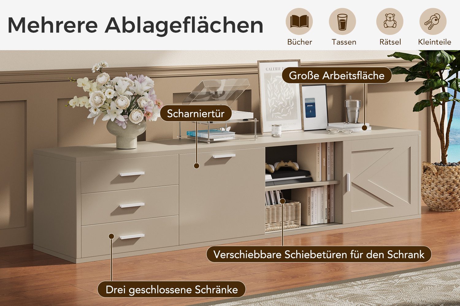 HOMAVO Lowboard TVG1 mit 3 Schubladen & Schiebetür, 160 - 180 cm (FSC®, viel Stauraum, pflegeleicht), Bodenstehendes TV-Lowboard mit Stauraum – Bild 2 von 5