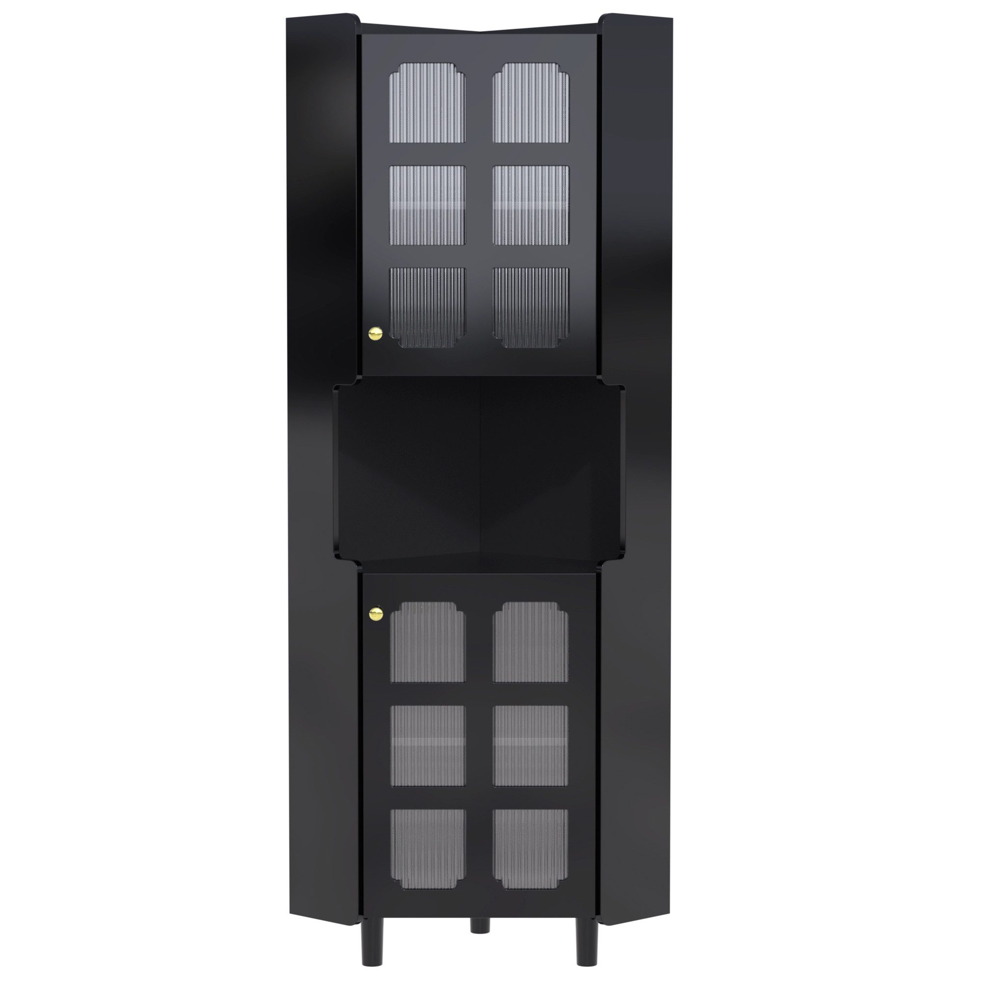 Flieks Badkommode Eckschrank mit LED-Beleuchtung und Glastüren (1 St., 63,5x45x157,5 cm), Hochschrank Mehrzweckschrank Eckkommode mit 5 Fächern Schwarz – Bild 5 von 5