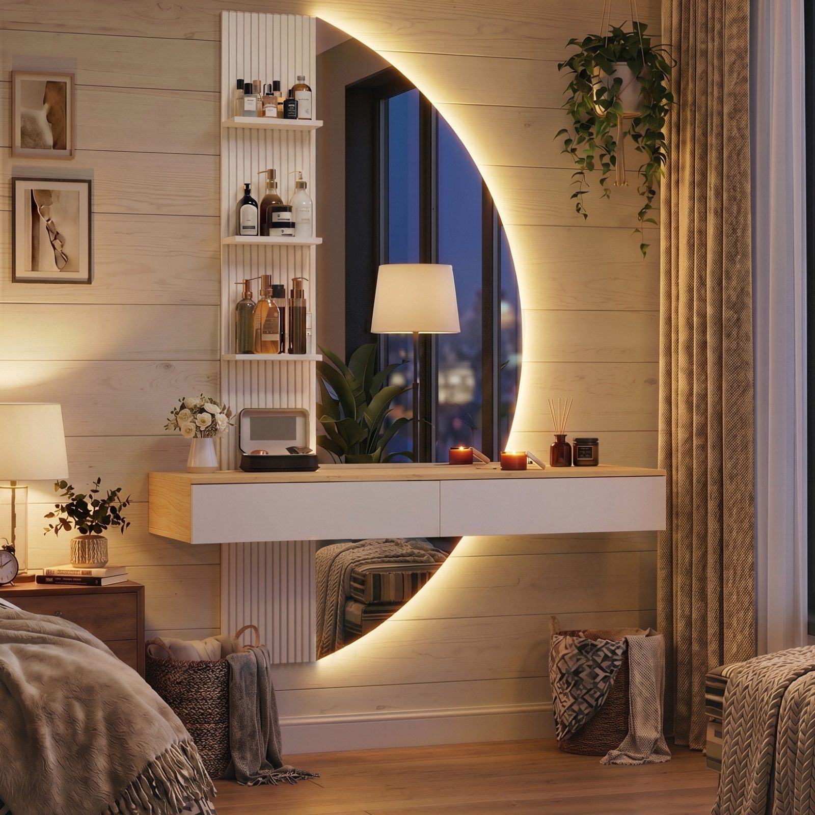 HOMALL Schminktisch Hängender Schminktisch mit LED-Beleuchtung (Maße: 106 × 40 × 143 cm, mit 3 offenen Ablagefächern, 2 Schubladen und drei einstellbaren Farbtemperaturen)