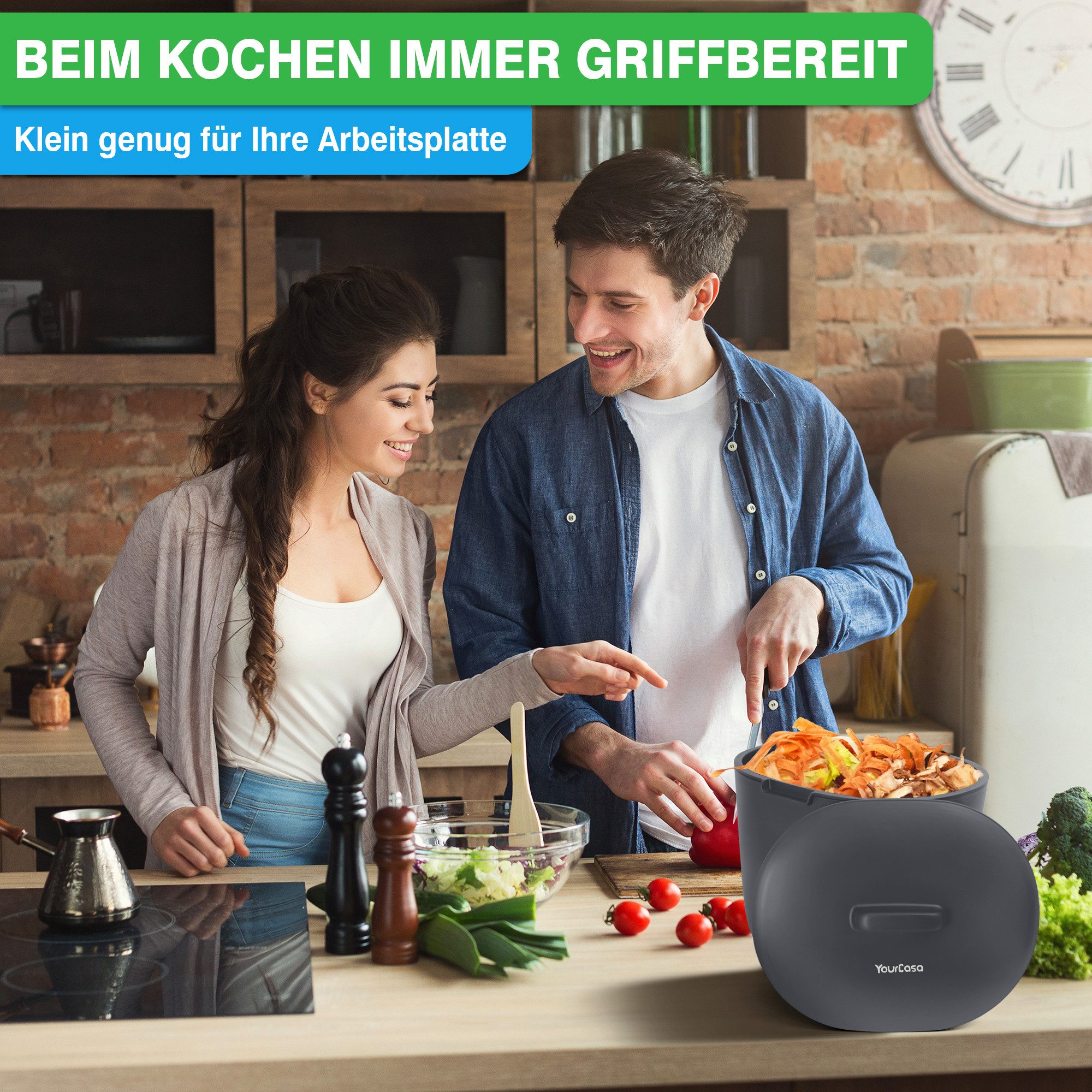 YourCasa Biomülleimer Küche 6L für alltäglichen Biomüll Spülmaschinenfest mit Sieb, Spülmaschinenfest, 6L Fassungsvermögen