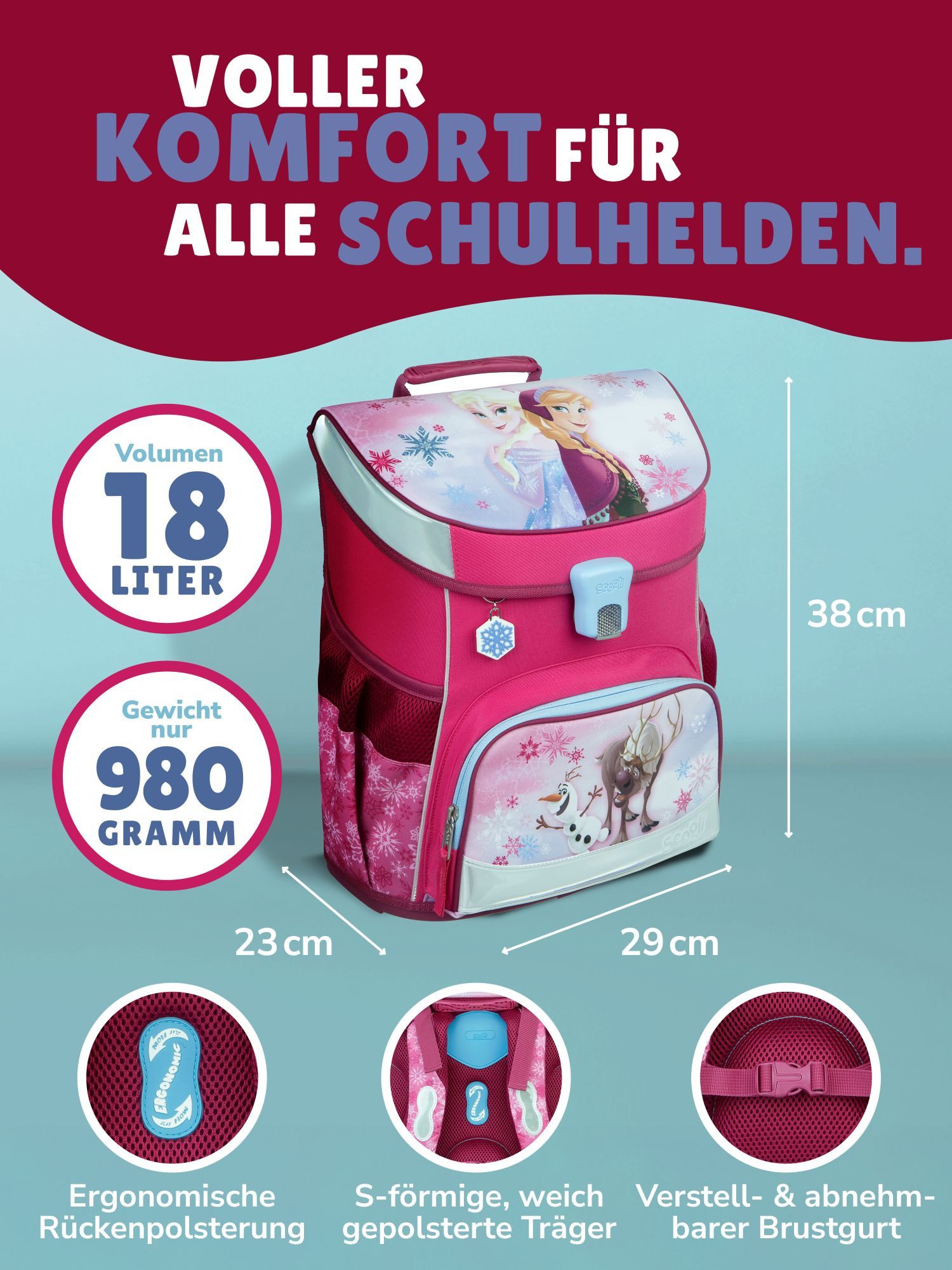 Scooli Schulranzen Campus Fit Frozen, Eiskönigin Rosa, Schultasche ab der 1. Klasse (Erweitertes Set, 9-tlg., mit Lunch-Set und Sporttasche), mit Brustgurt, 980 Gramm leicht, 18L Volumen
