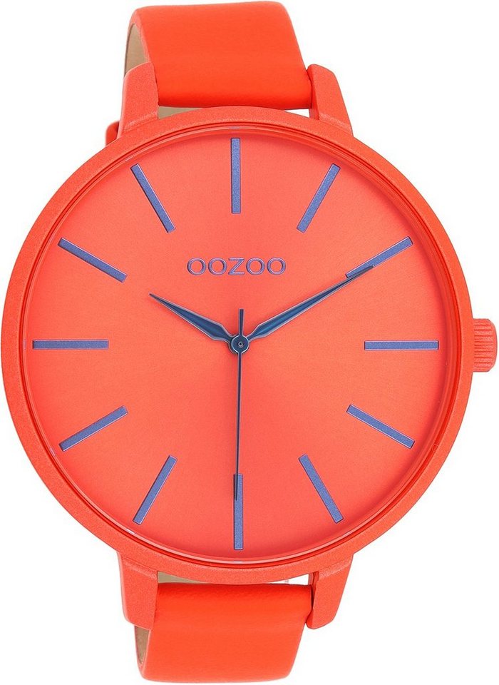 OOZOO Quarzuhr Oozoo Damen Armbanduhr Timepieces Analog, Damenuhr rund,  extra groß (ca. 48mm), Lederarmband rot,orange, Fashion, Hochwertiges  Miyota Quarzlaufwerk. Batterietyp 377 (SR626SW)