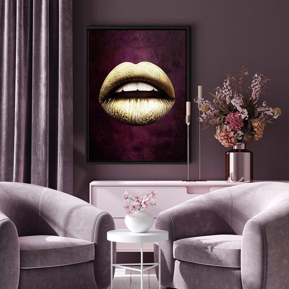 DOTCOMCANVAS® schwarzer Leinwandbild, Leinwandbild Lippen Art - Red Gold & modernes Rahmen Premium Wand - X Pop -