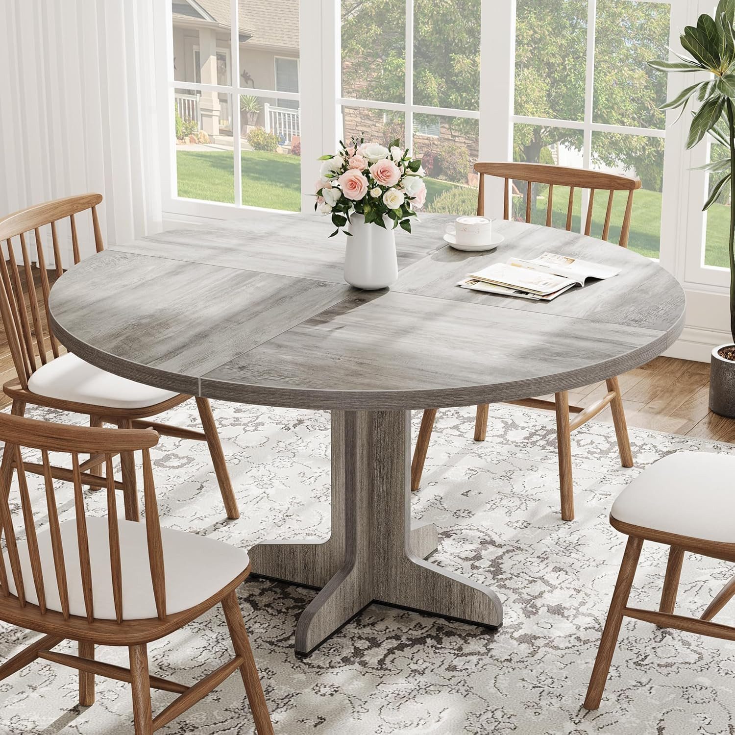 GarveeMore Esstisch Runder mit Holztischplatte und stabilem Fuß 4 Personen,120cm, Küchentische aus Holz für Esszimmer,Küche,Wohnzimmer – Bild 5 von 5