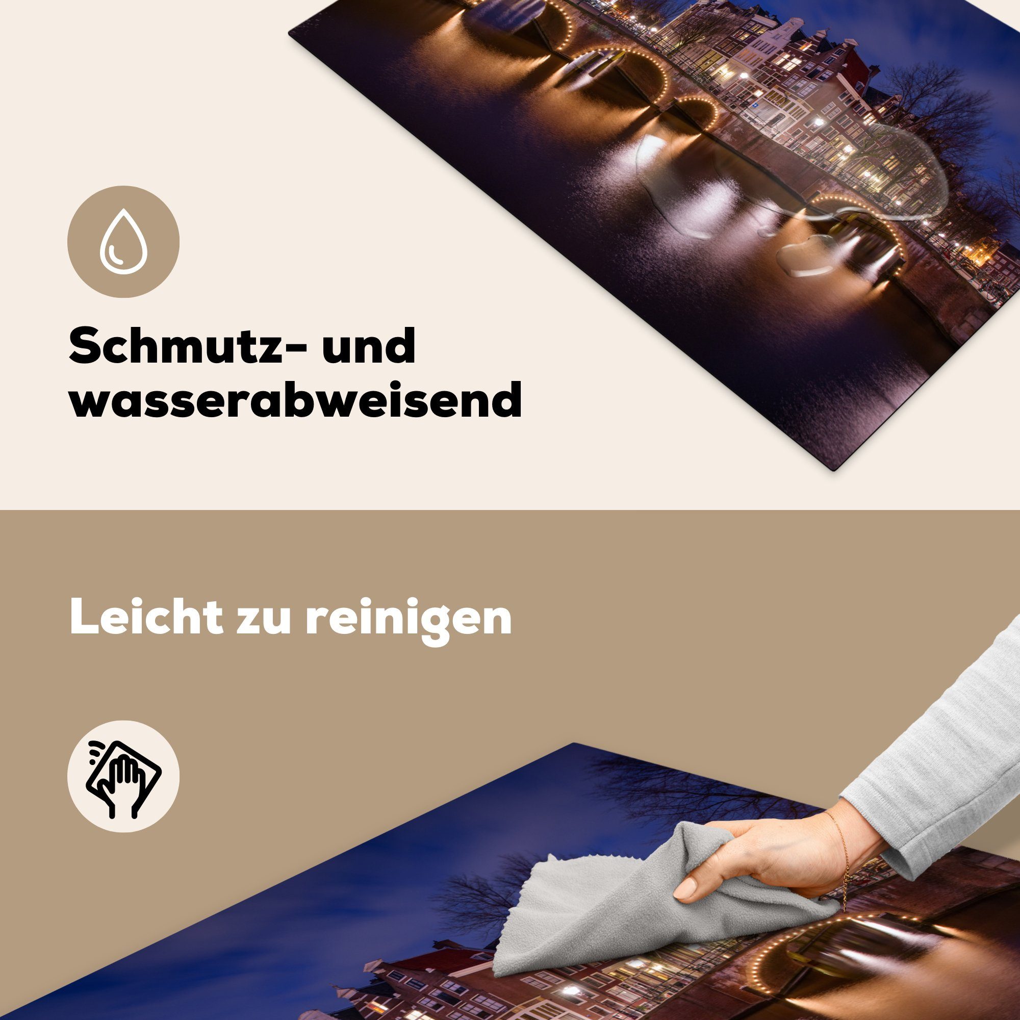 (1 Vinyl, Wasser cm, küche, Amsterdam tlg), Nacht, 81x52 für MuchoWow Herdblende-/Abdeckplatte die Schutz - Induktionskochfeld - Ceranfeldabdeckung